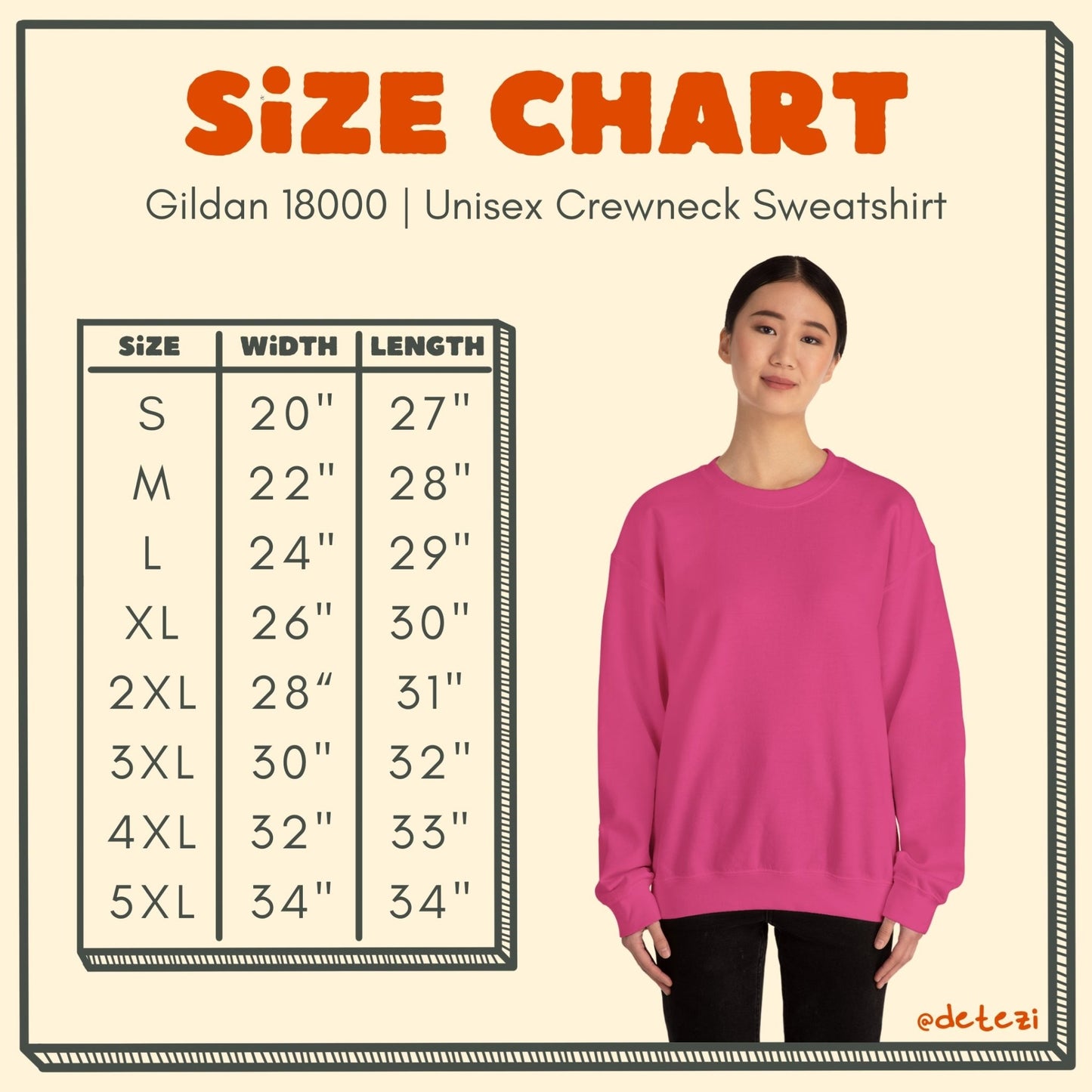 crewneck sweatshirt size chart. size, width, length: small, 20", 27"; medium, 22", 28"; large, 24", 29"; xl, 26", 30"; 2xl, 28", 31"; 3xl, 30", 32"; 4xl, 32", 33"; 5xl, 34", 34"