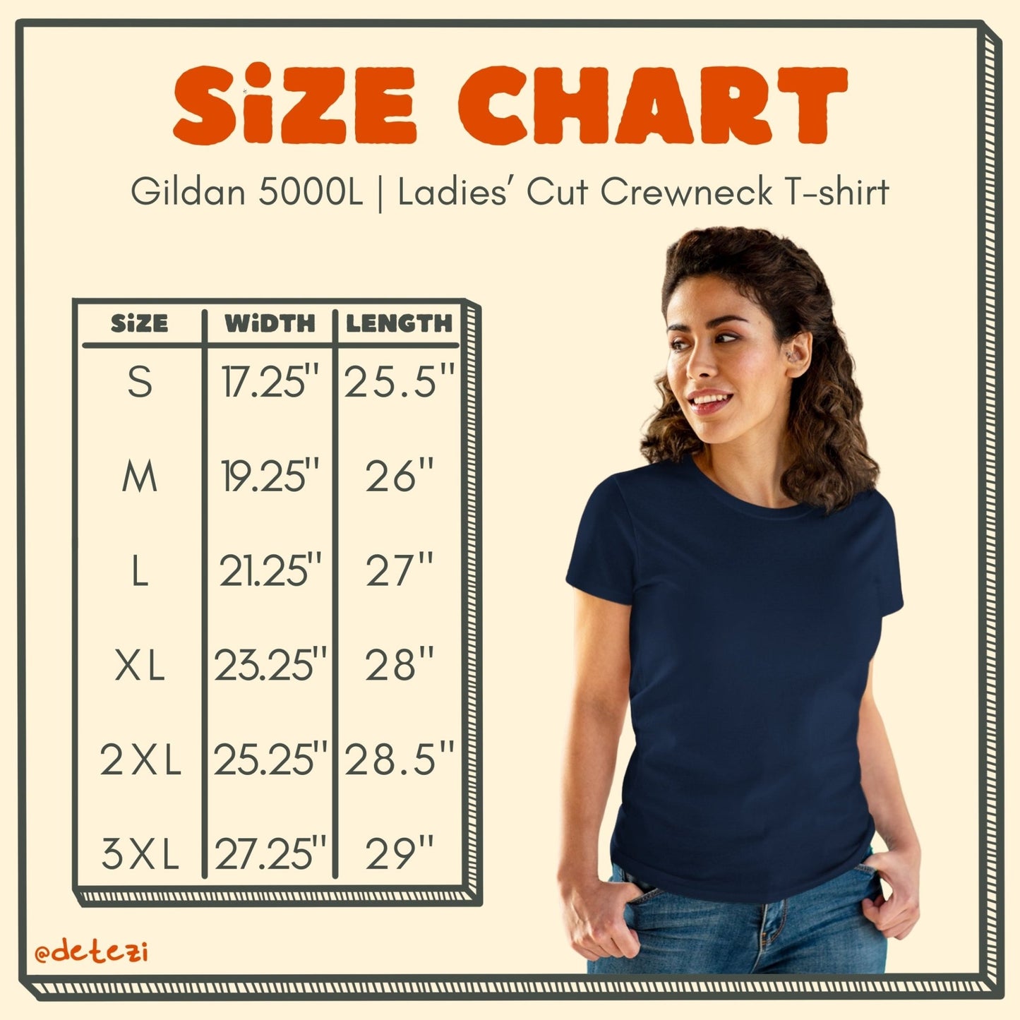 gildan ladies' cut t-shirt size chart. Size, width, length: small, 17.25", 25.5"; medium, 19.25", 26"; large, 21.25", 27"; xl, 23.25", 28"; 2xl, 25.25", 28.5"; 3xl, 27.25", 29"