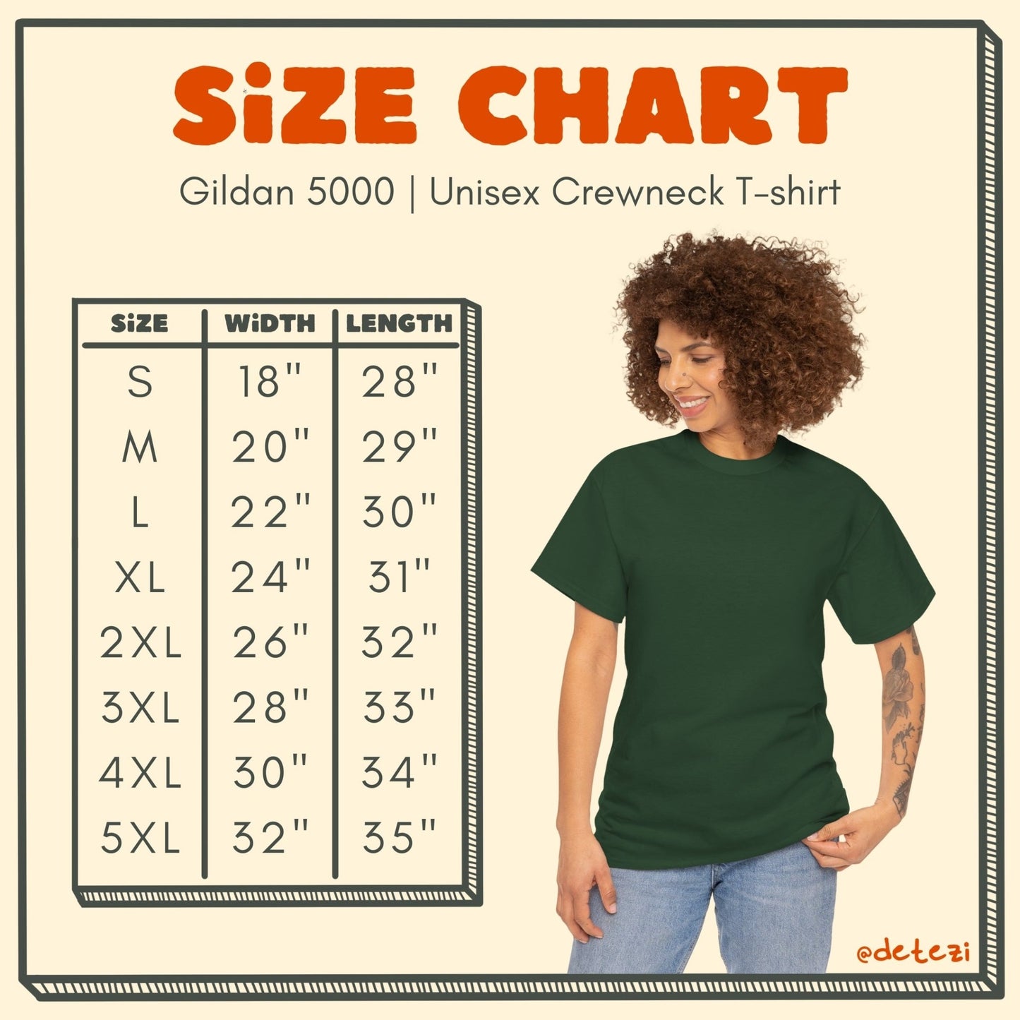 gildan 5000 t-shirt size chart. size, width, length: small, 18", 28"; medium, 20", 29"; large, 22", 30"; XL, 24", 31"; 2XL, 26", 32"; 3XL, 28", 33"; 4XL, 30", 34"; 5XL 32", 35"