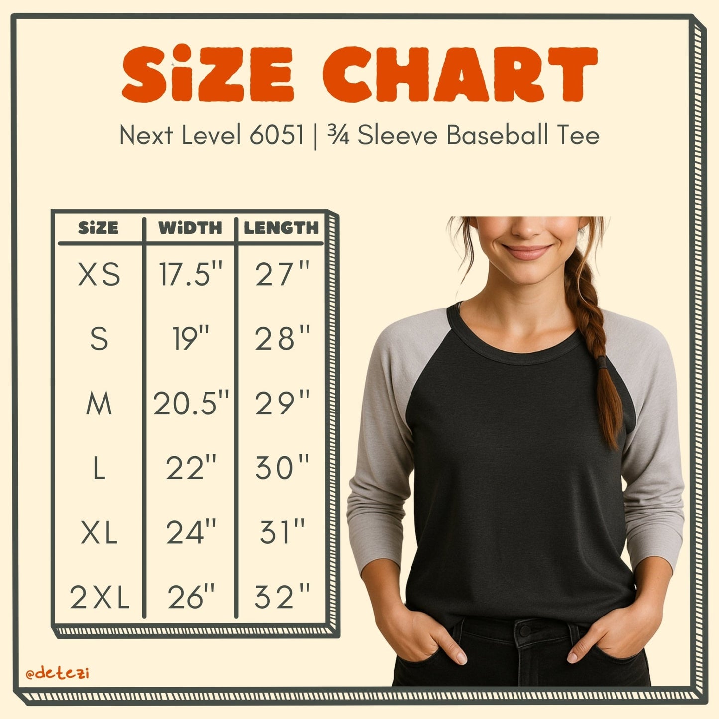 Next level baseball tee size chart, size, width, length: xs, 17.5", 27"; small, 19", 28"; medium, 20.5", 29"; large, 22", 30"; xl, 24", 31"; 2xl, 26", 32"