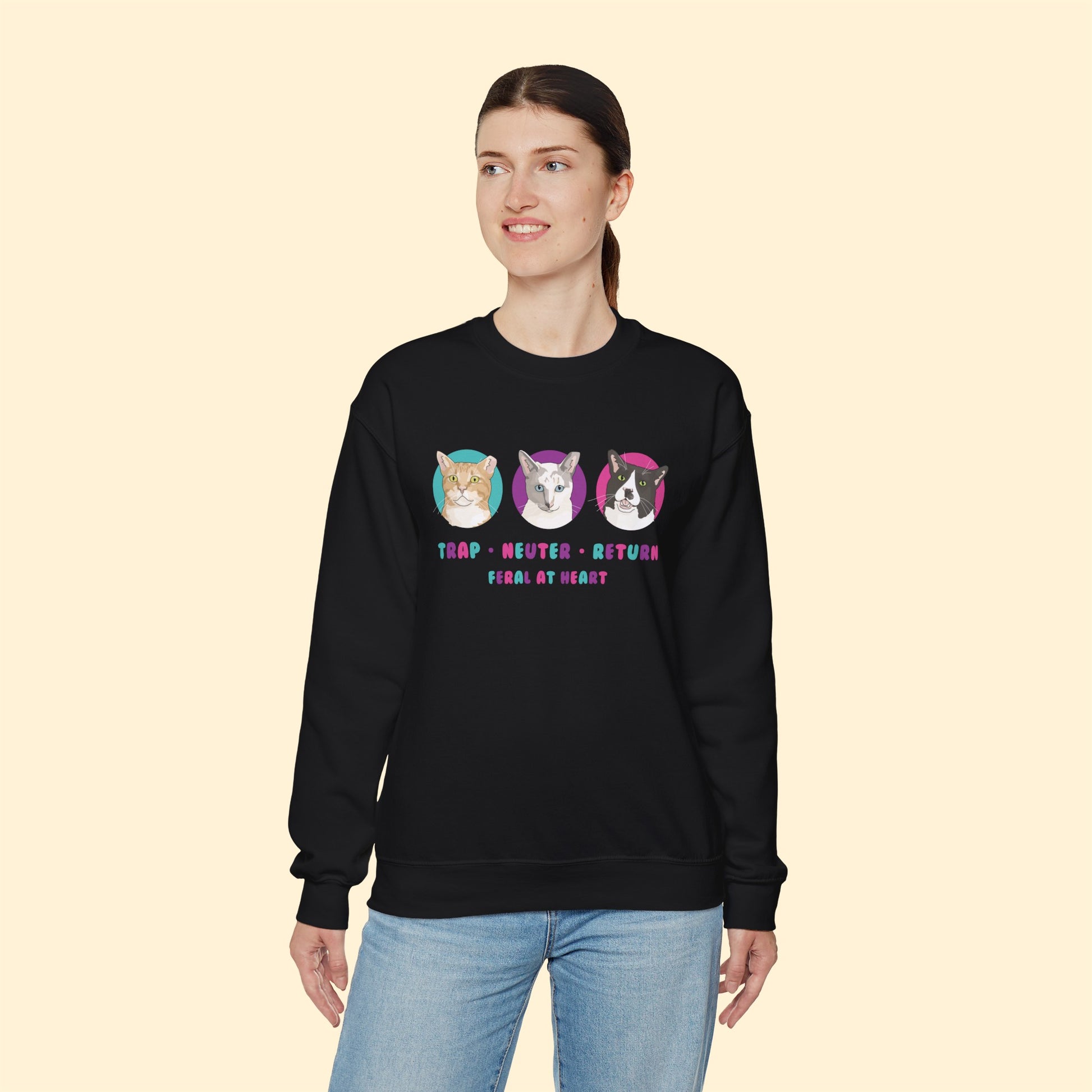 Colorful Kitties | FUNDRAISER for Feral At Heart | Crewneck Sweatshirt - Detezi Designs-56306090571879167107