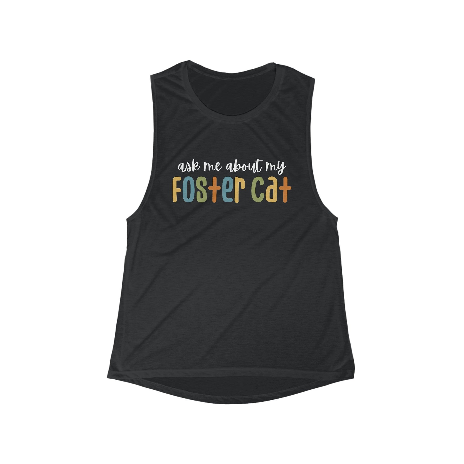 Ask Me About My Foster Cat | Retro Colors | Women's Flowy Scoop Muscle Tank - Detezi Designs-16890365370996253456