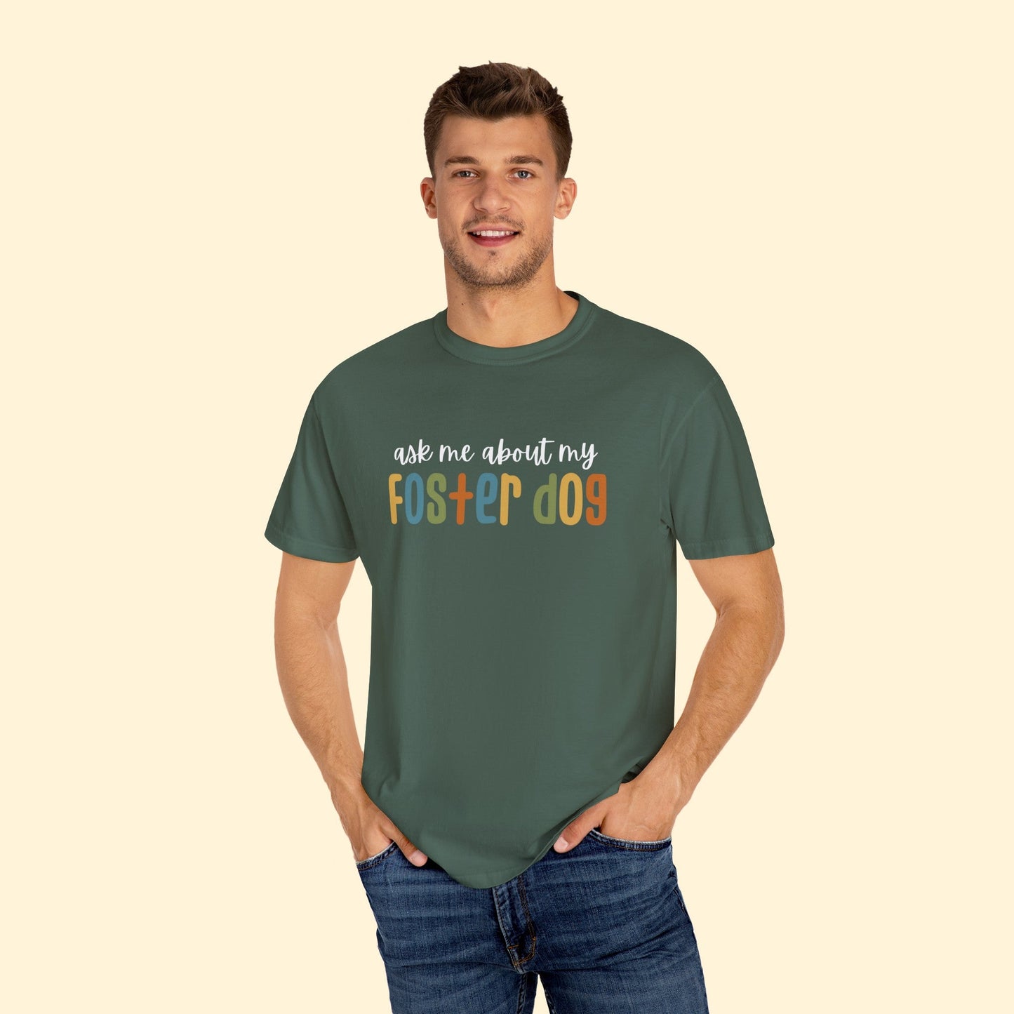 Ask Me About My Foster Dog | Retro Colors | Comfort Colors Unisex T - shirt - Detezi Designs - 63791300373529441657