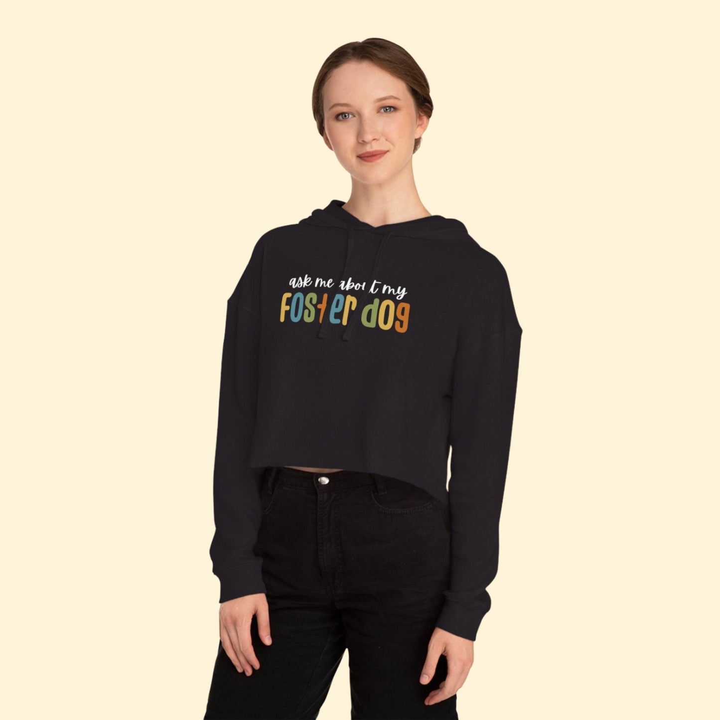 Ask Me About My Foster Dog | Retro Colors | Cropped Hooded Sweatshirt - Detezi Designs - 20466355451437448038