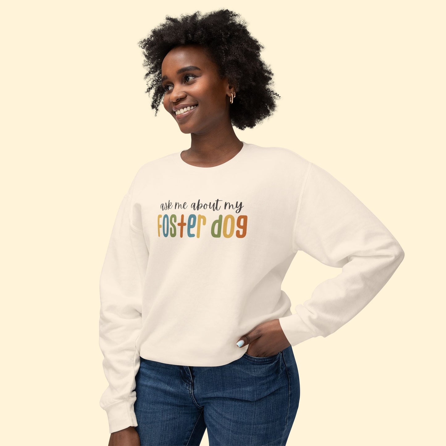 Ask Me About My Foster Dog | Retro Colors | Lightweight Comfort Colors Crewneck Sweatshirt - Detezi Designs - 36986291905112805467