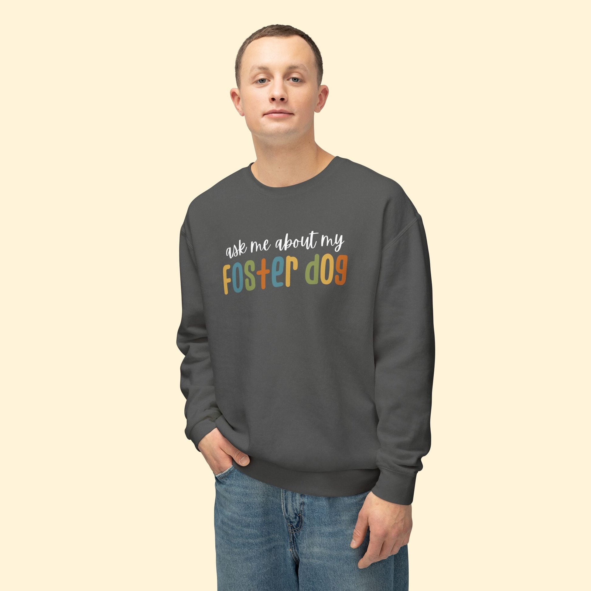Ask Me About My Foster Dog | Retro Colors | Lightweight Comfort Colors Crewneck Sweatshirt - Detezi Designs - 36986291905112805467