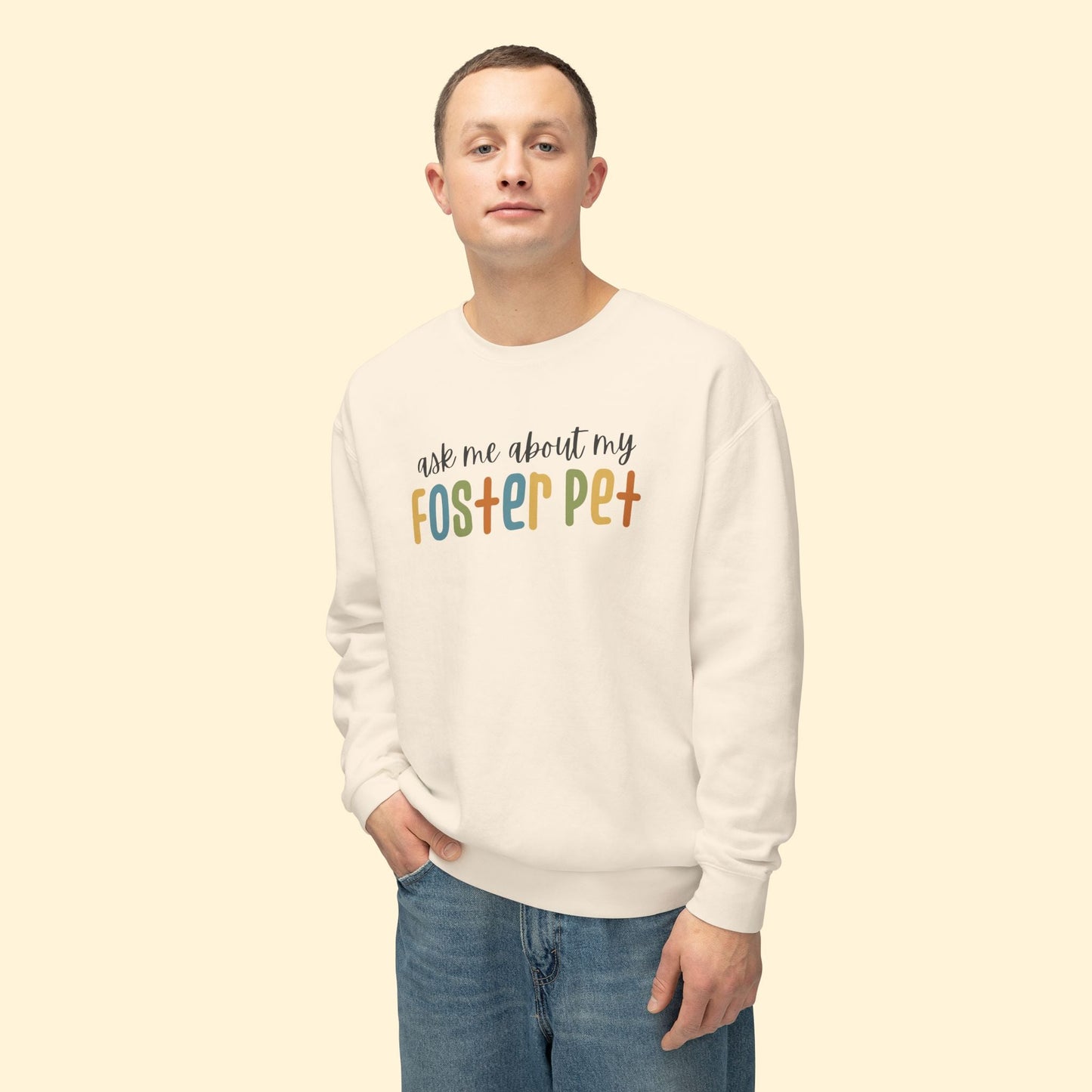 Ask Me About My Foster Pet | Retro Colors | Lightweight Comfort Colors Crewneck Sweatshirt - Detezi Designs - 26809698770289628348