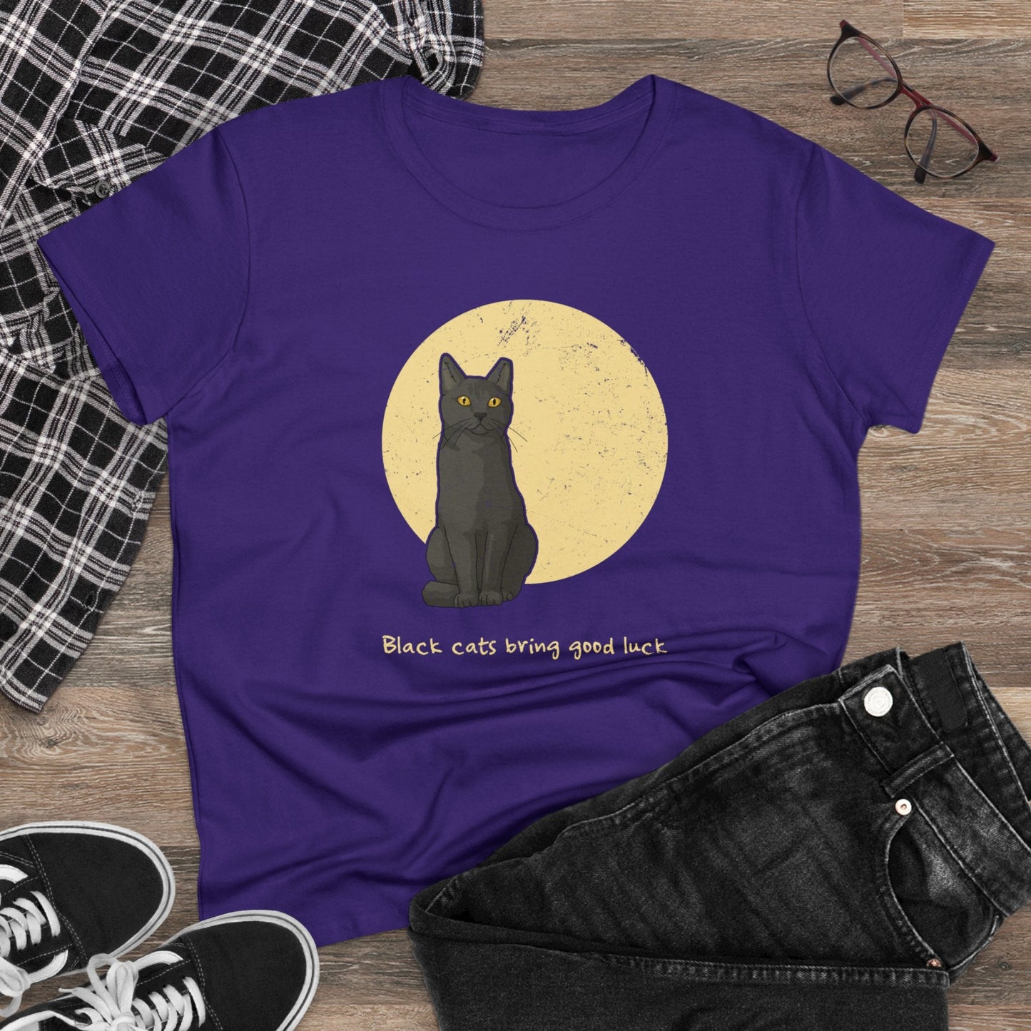 Black Cats Bring Good Luck | Women's Midweight Cotton Tee - Detezi Designs - 31684204040430395802