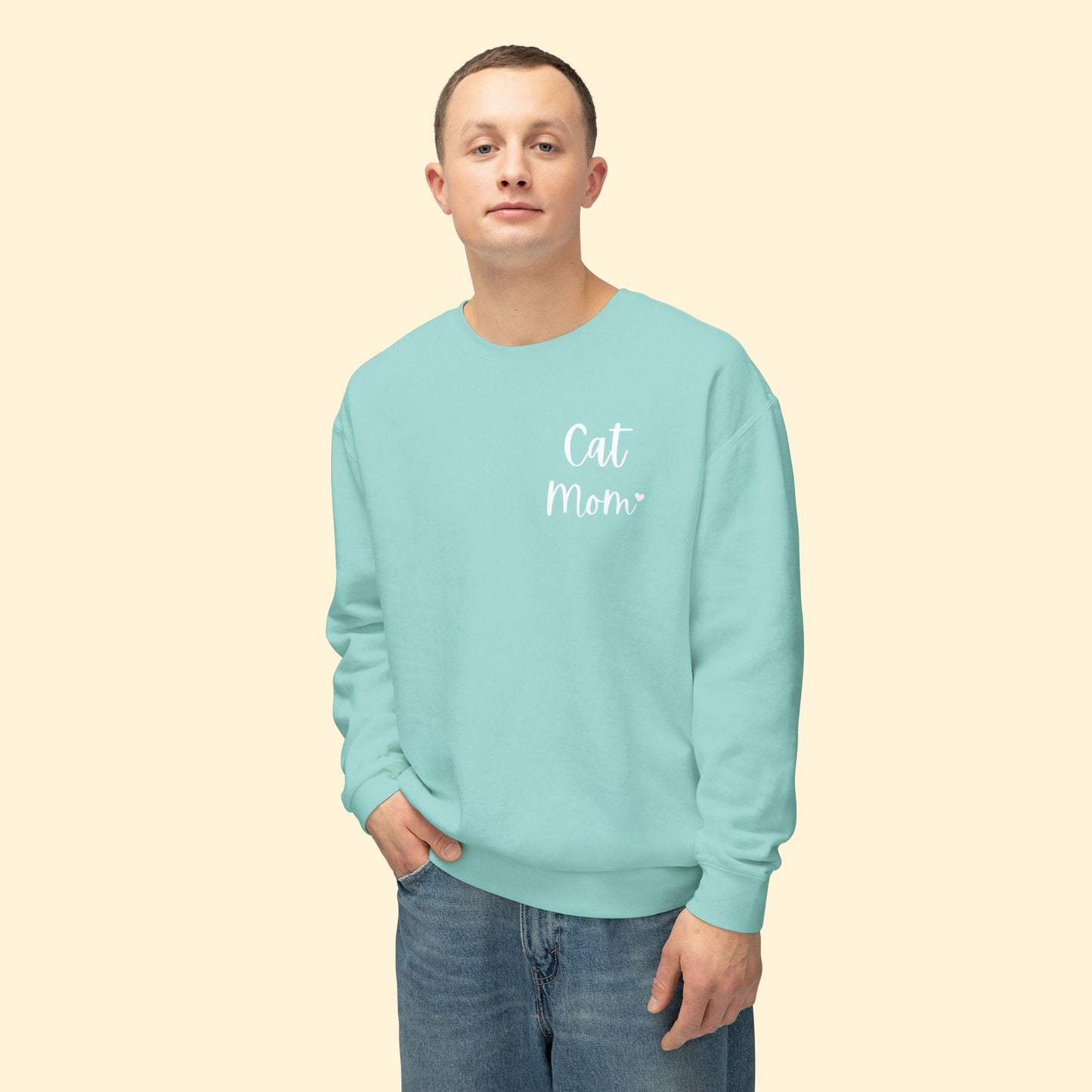 Cat Mom | Pocket Print | Lightweight Comfort Colors Crewneck Sweatshirt - Detezi Designs - 61672145751363259964