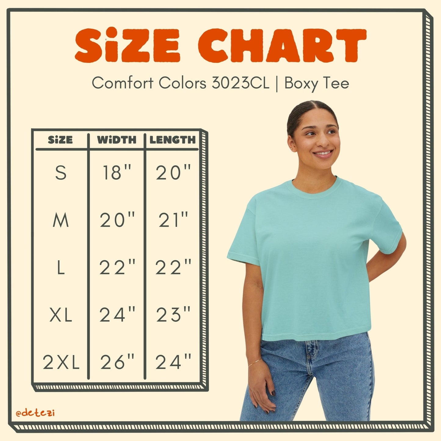 comfort colors cropped boxy tee size chart. size, width, length: small, 18", 20"; medium, 20", 21"; large, 22", 22"; xl, 24", 23"; 2xl, 26", 24"