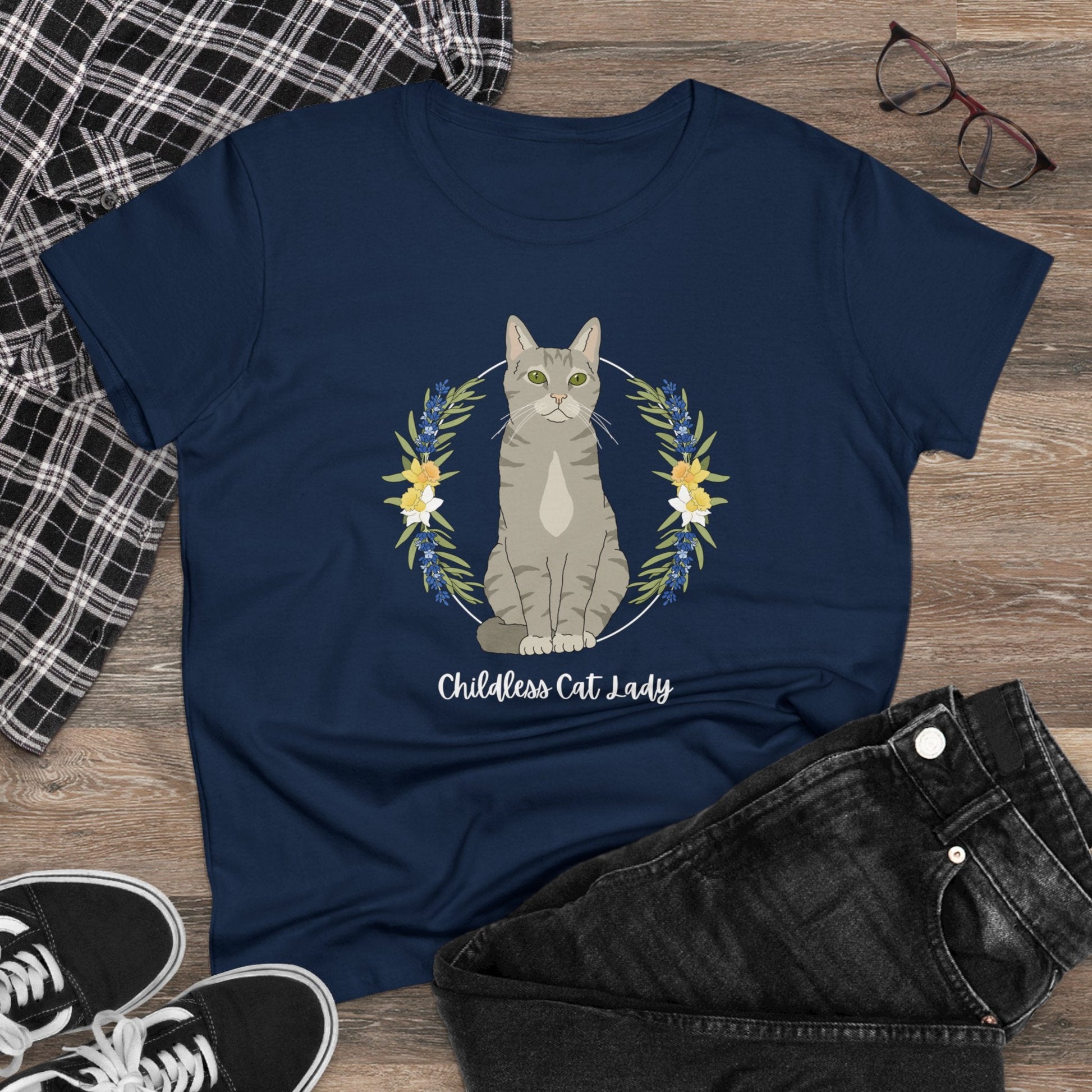 Childless Cat Lady | Women's Midweight Cotton Tee - Detezi Designs - 17014576504632454755