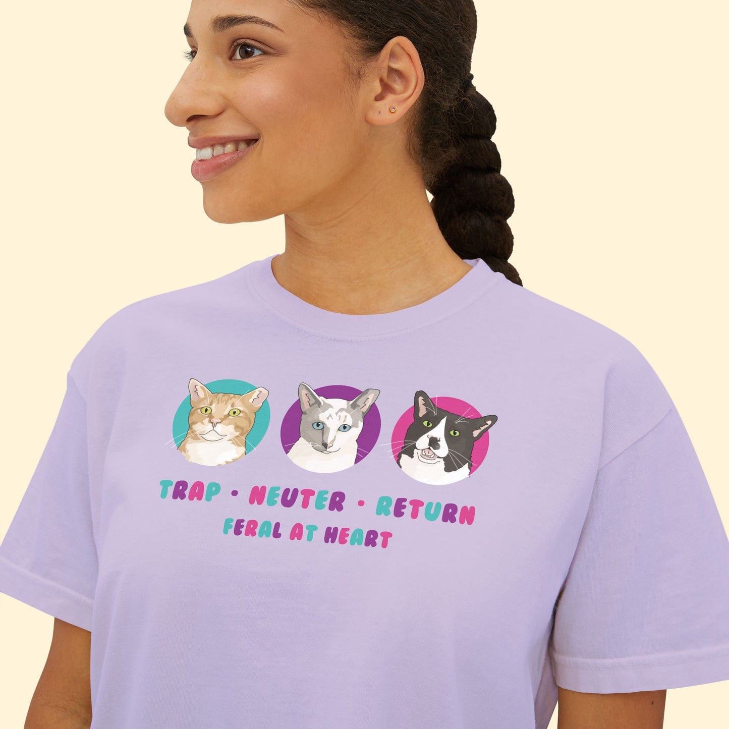 Colorful Kitties | FUNDRAISER for Feral At Heart | Comfort Colors Boxy Tee - Detezi Designs - 13235474159386900036