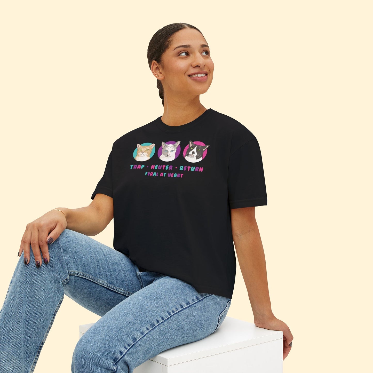 Colorful Kitties | FUNDRAISER for Feral At Heart | Comfort Colors Boxy Tee - Detezi Designs - 30224529331507140357