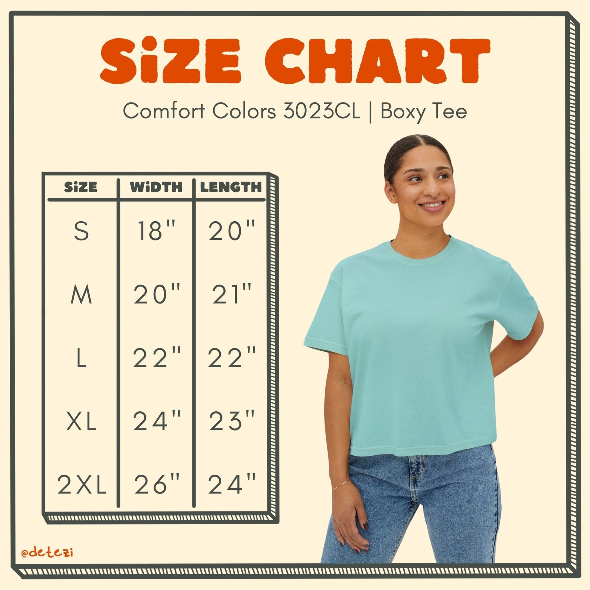 comfort colors cropped boxy tee size chart. size, width, length: small, 18", 20"; medium, 20", 21"; large, 22", 22"; xl, 24", 23"; 2xl, 26", 24"