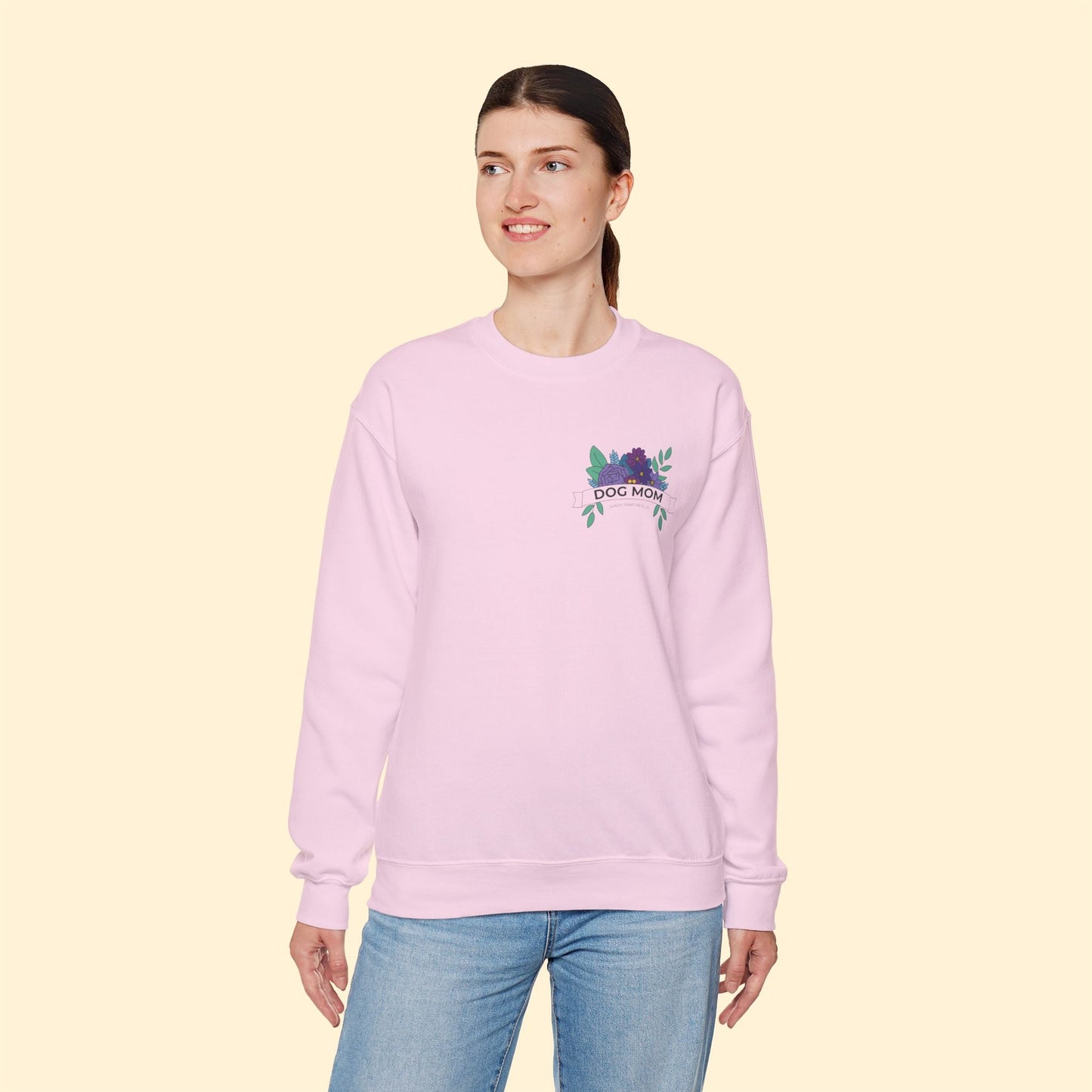 Dog Mom | Pocket Print | FUNDRAISER for Sandy Paws Rescue | Crewneck Sweatshirt - Detezi Designs - 10901622585700943041