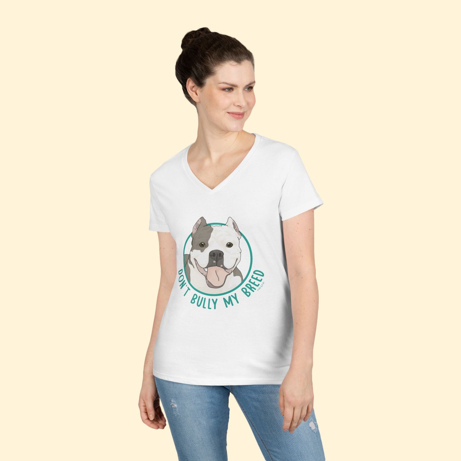 Don't Bully My Breed | Cropped Ears | Ladies' V - Neck T-Shirt - Detezi Designs - 25537907555420385064