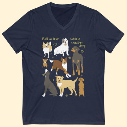 Fall In Love With A Shelter Dog | Unisex V - Neck Tee - Detezi Designs - 20494274703811877366