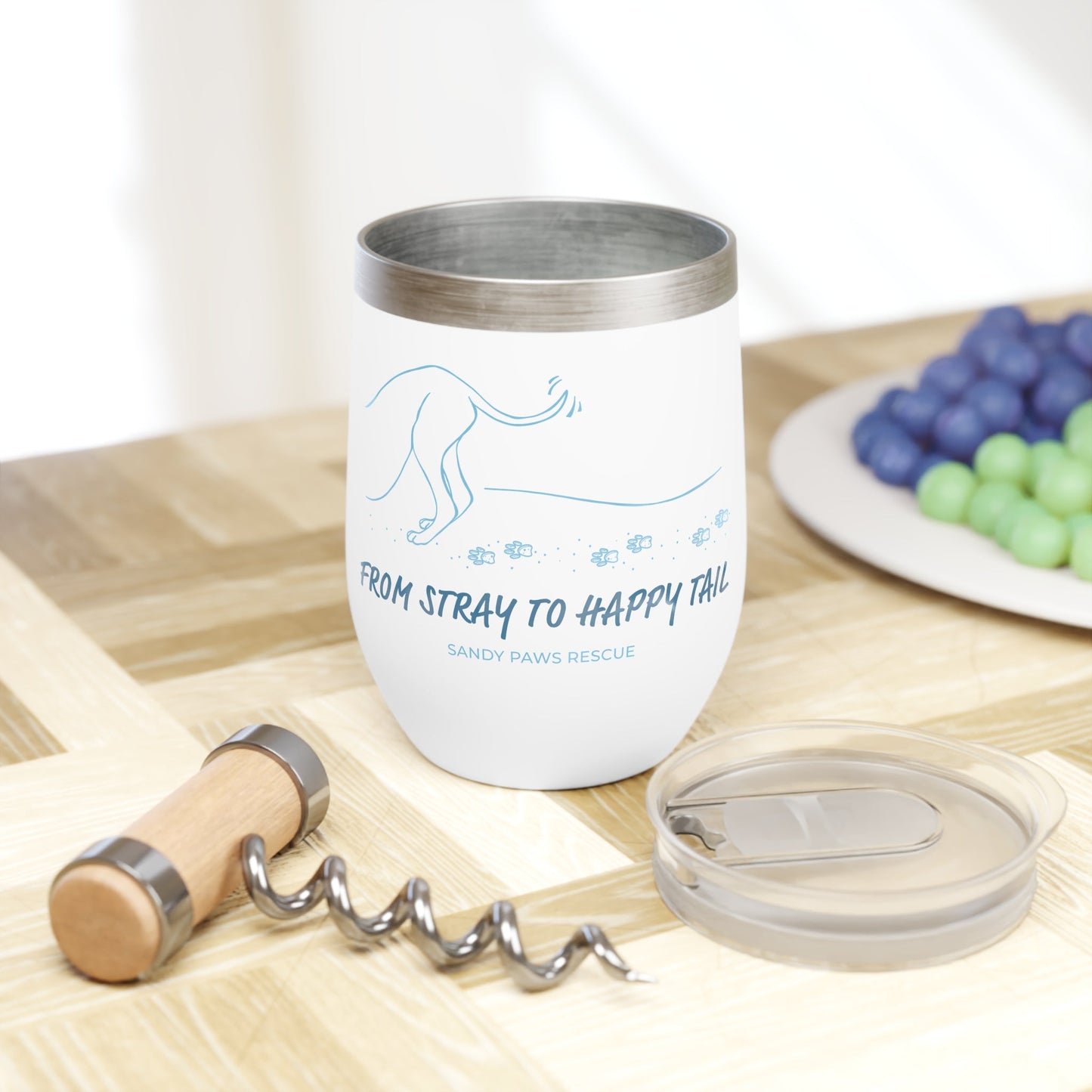 Happy Tail | FUNDRAISER for Sandy Paws Rescue | Wine Tumbler - Detezi Designs - 17842979226782178402