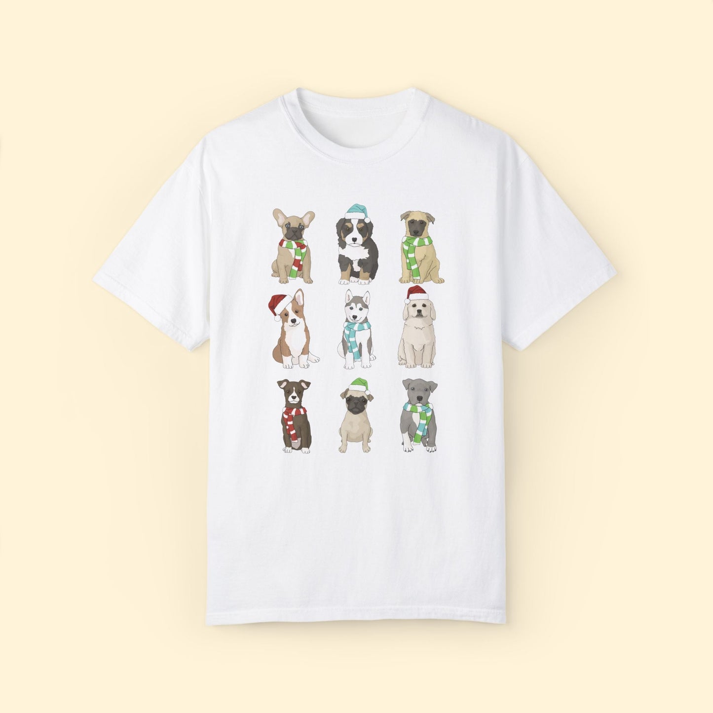 Holiday Puppies | Comfort Colors Unisex T-shirt - Detezi Designs - 16810939266167679302