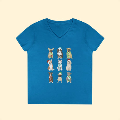 Holiday Puppies | Ladies' V - Neck T-Shirt - Detezi Designs - 17302965663955759360