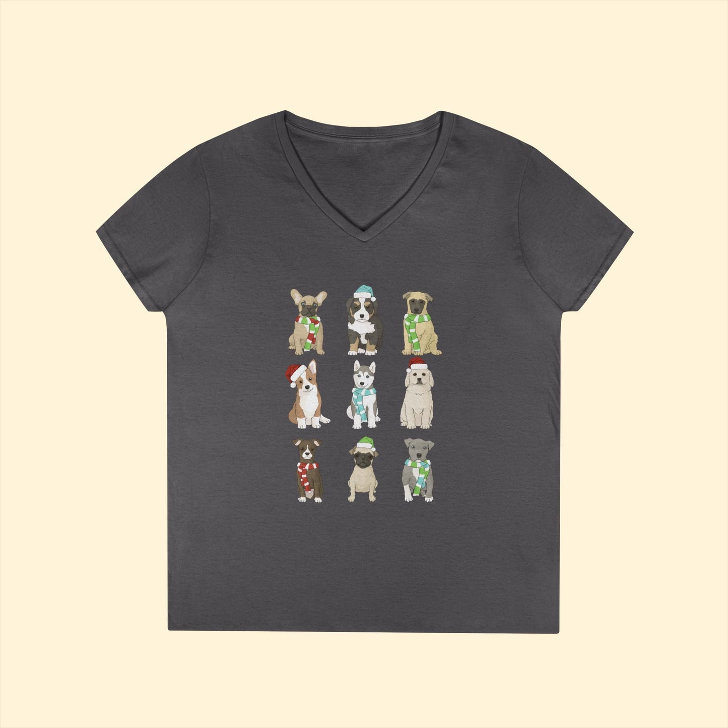 Holiday Puppies | Ladies' V - Neck T-Shirt - Detezi Designs - 17539542354673294472