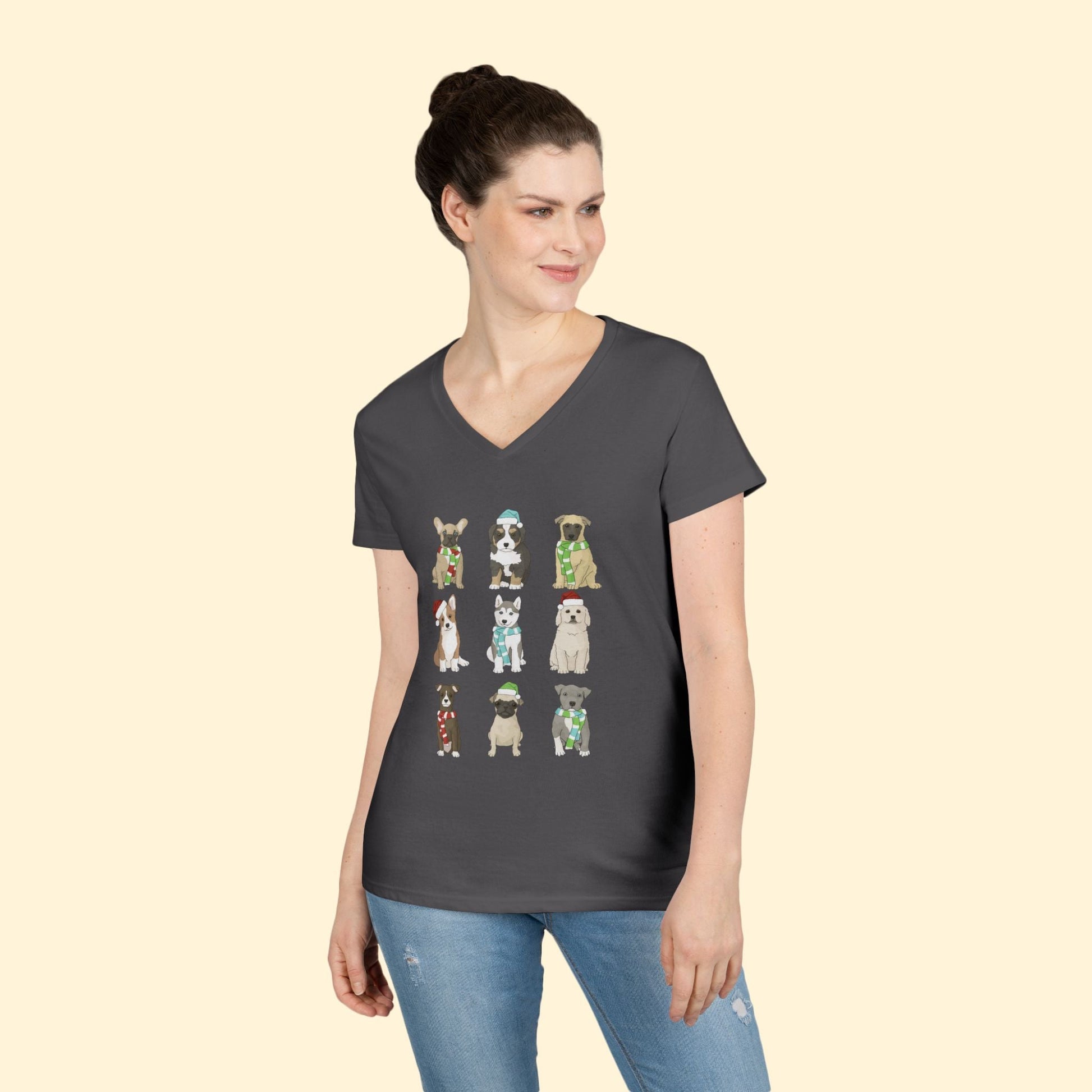 Holiday Puppies | Ladies' V - Neck T-Shirt - Detezi Designs - 18779182857416294931