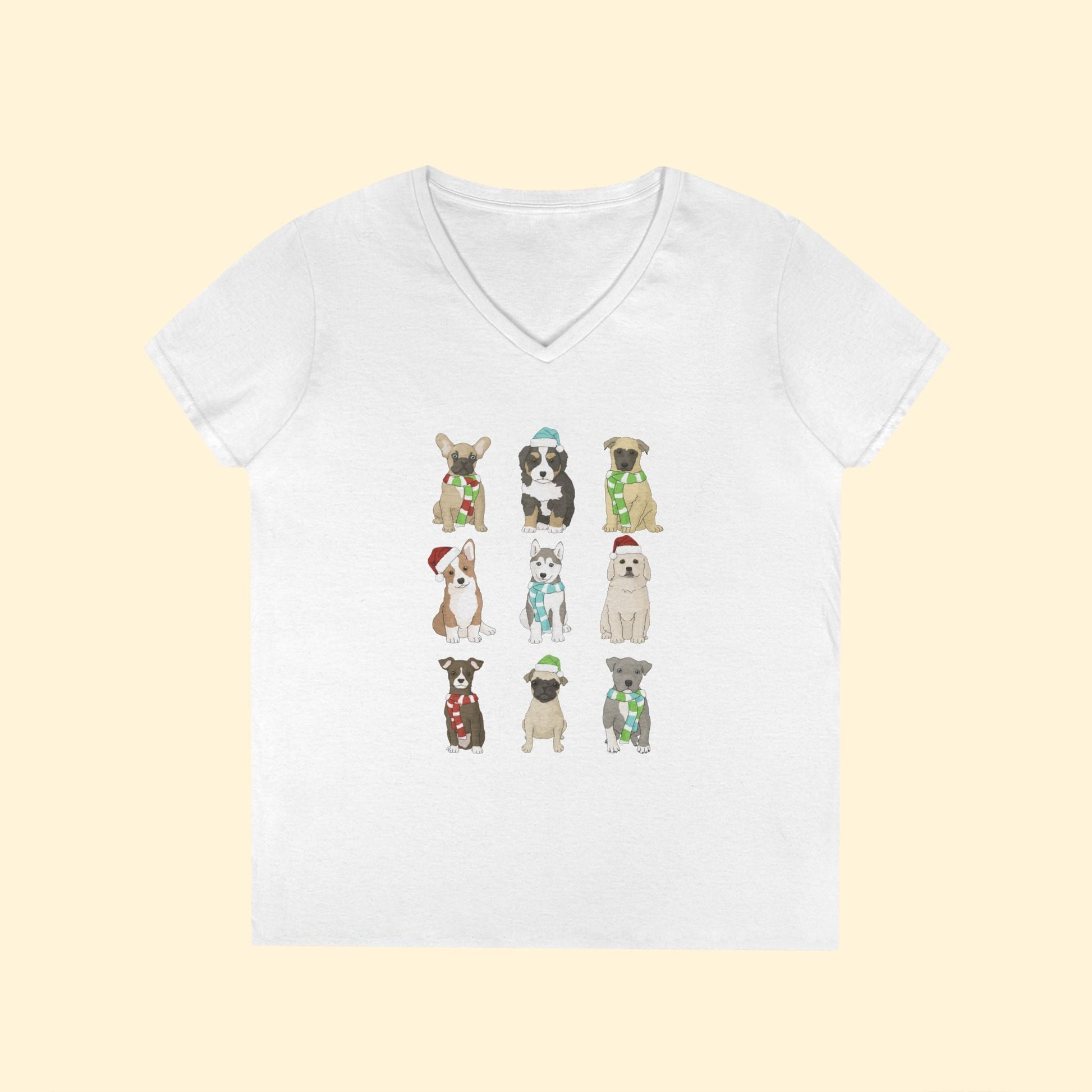 Holiday Puppies | Ladies' V - Neck T-Shirt - Detezi Designs - 18779182857416294931