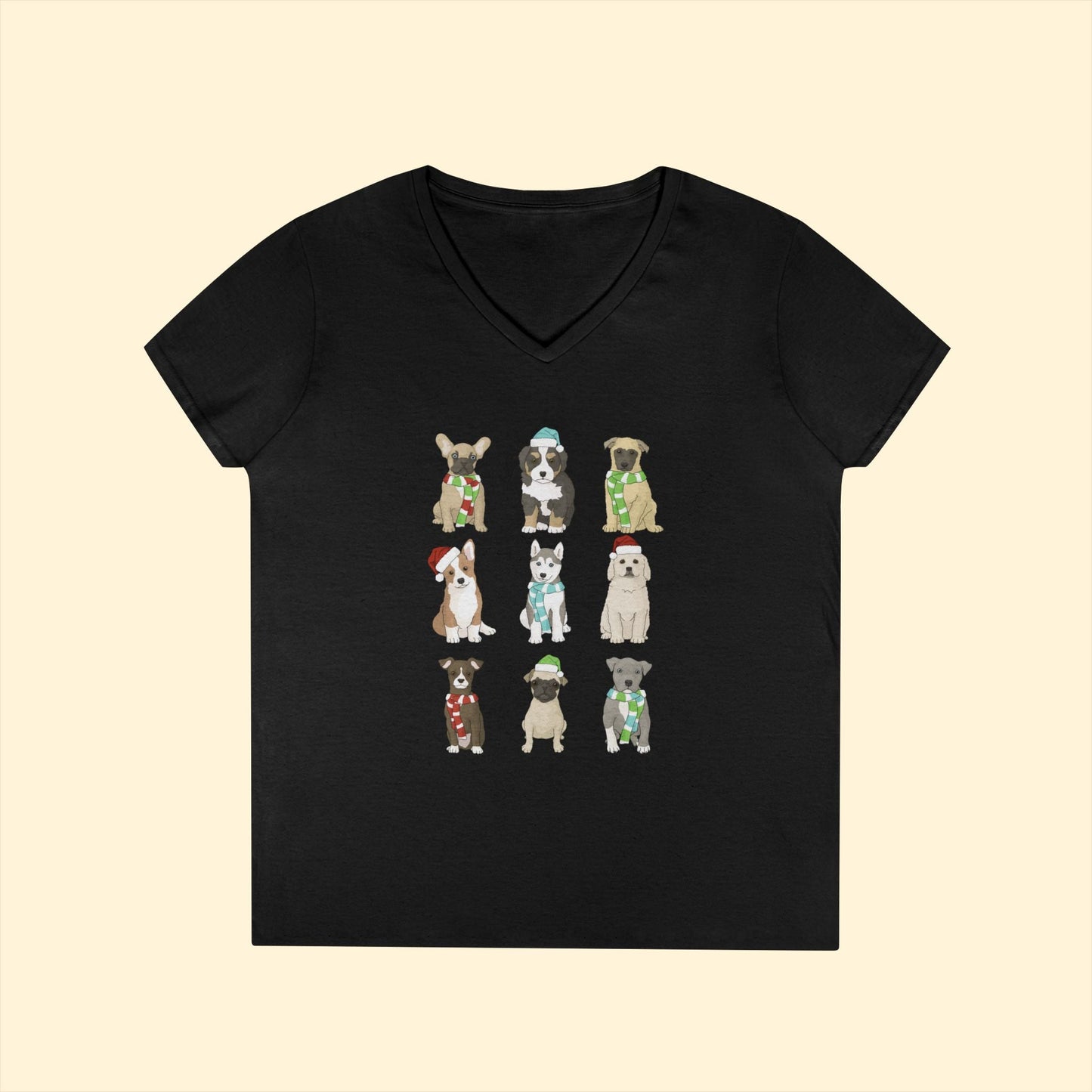 Holiday Puppies | Ladies' V - Neck T-Shirt - Detezi Designs - 23104653409684987969