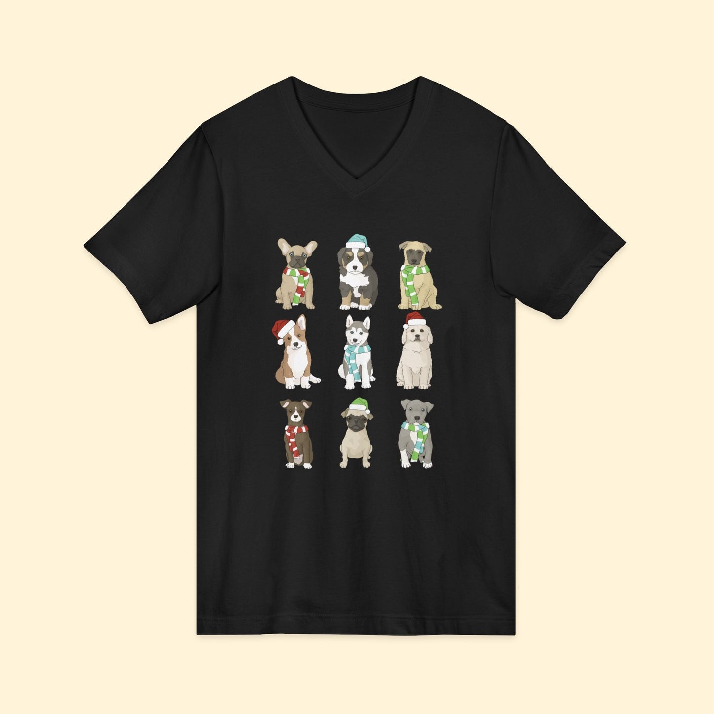 Holiday Puppies | Unisex V - Neck Tee - Detezi Designs - 14043240218450171783