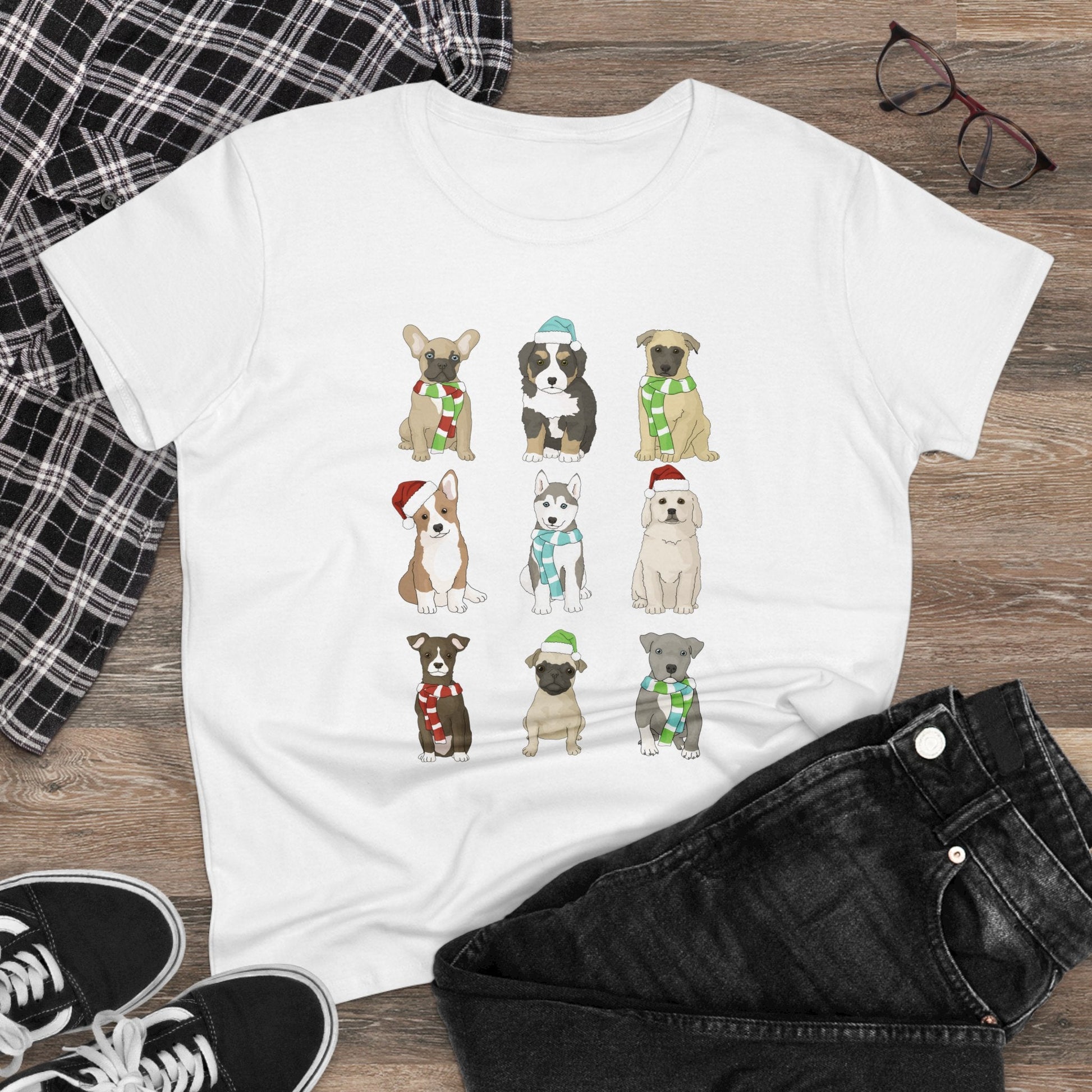 Holiday Puppies | Women's Midweight Cotton Tee - Detezi Designs - 14945169454408352353