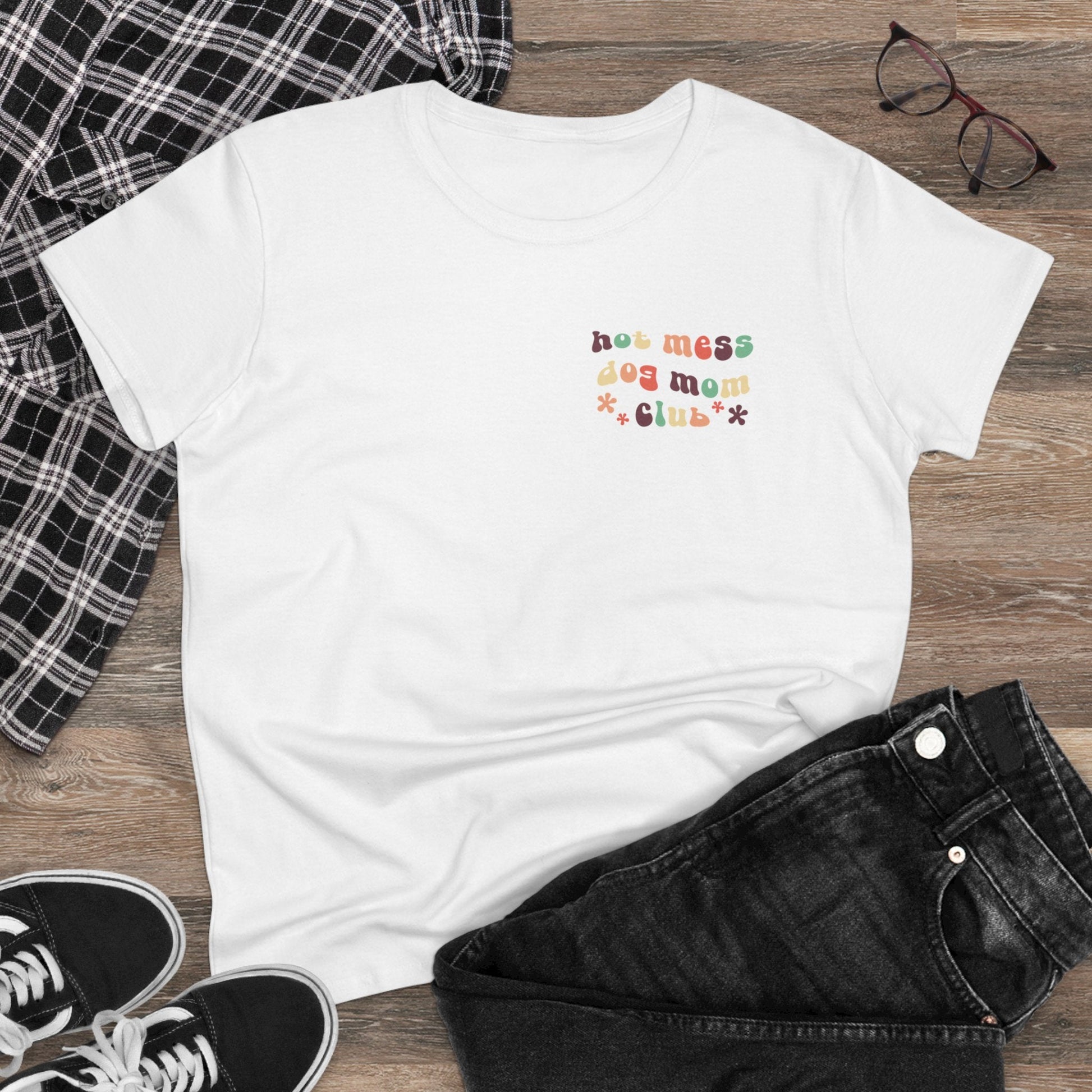 Hot Mess Dog Mom Club | Pocket Print | Women's Midweight Cotton Tee - Detezi Designs - 79676705803029436687