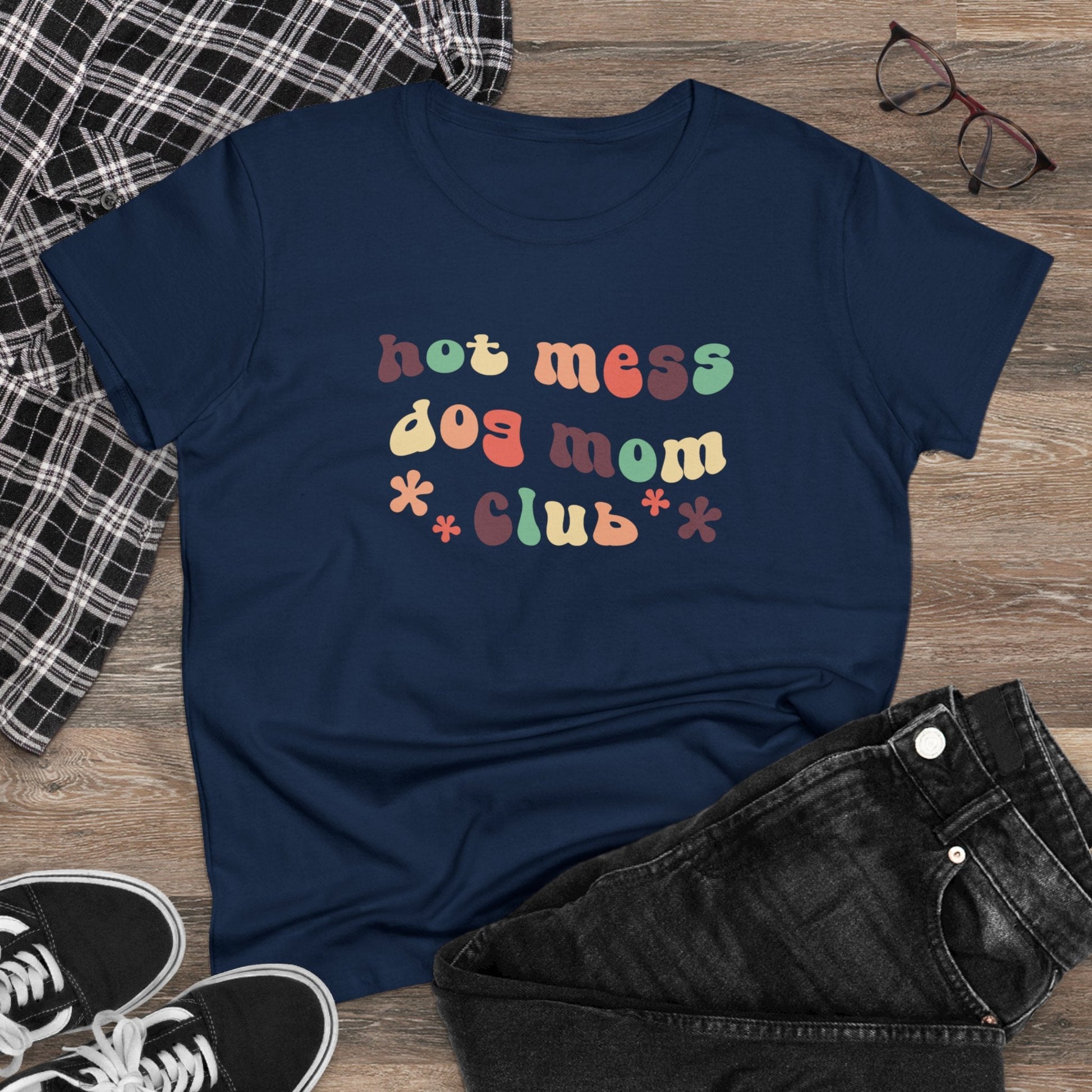 Hot Mess Dog Mom Club | Women's Midweight Cotton Tee - Detezi Designs - 23026191412545232632