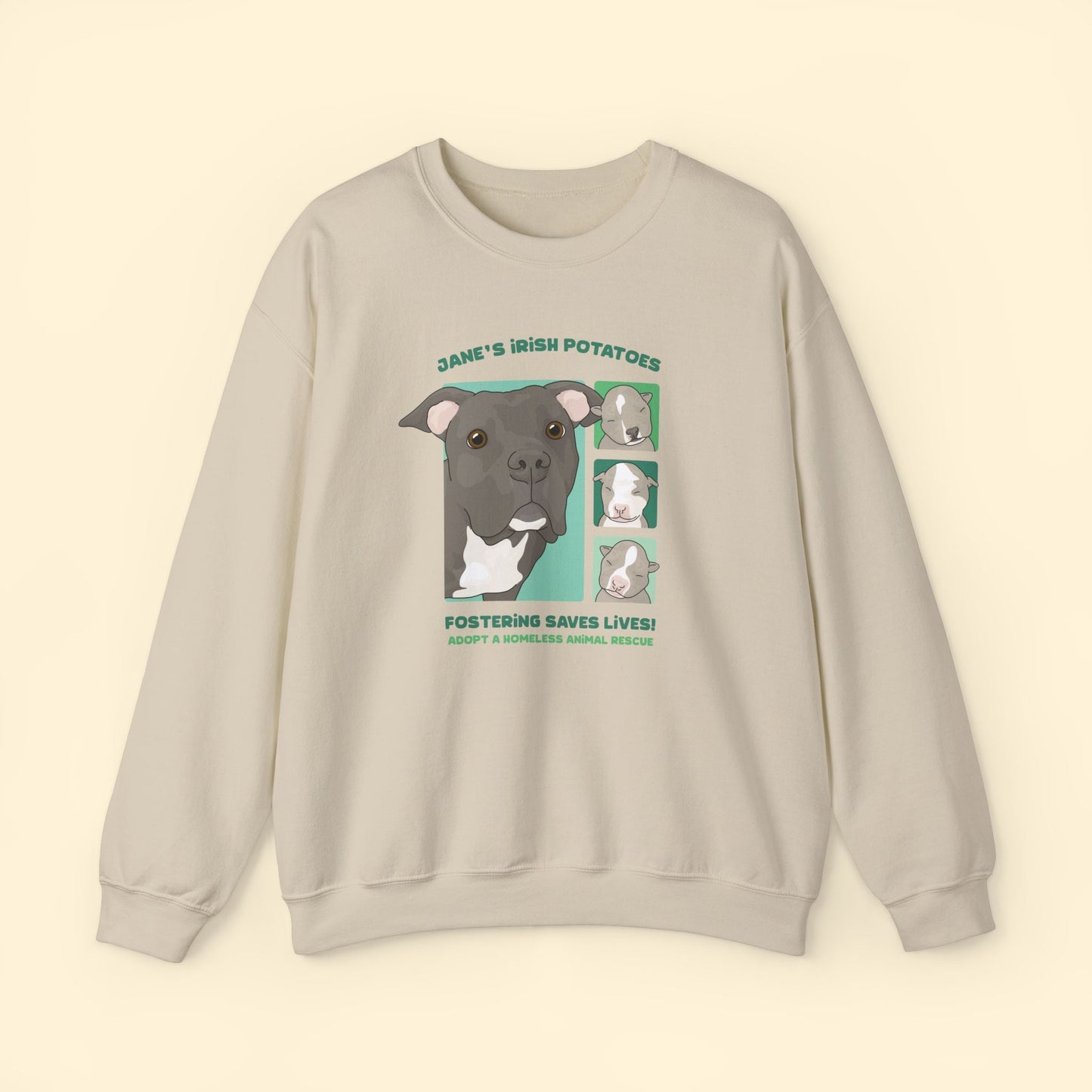 Jane's Irish Potatoes | FUNDRAISER for Adopt A Homeless Animal Rescue | Crewneck Sweatshirt - Detezi Designs - 32306871337392800172