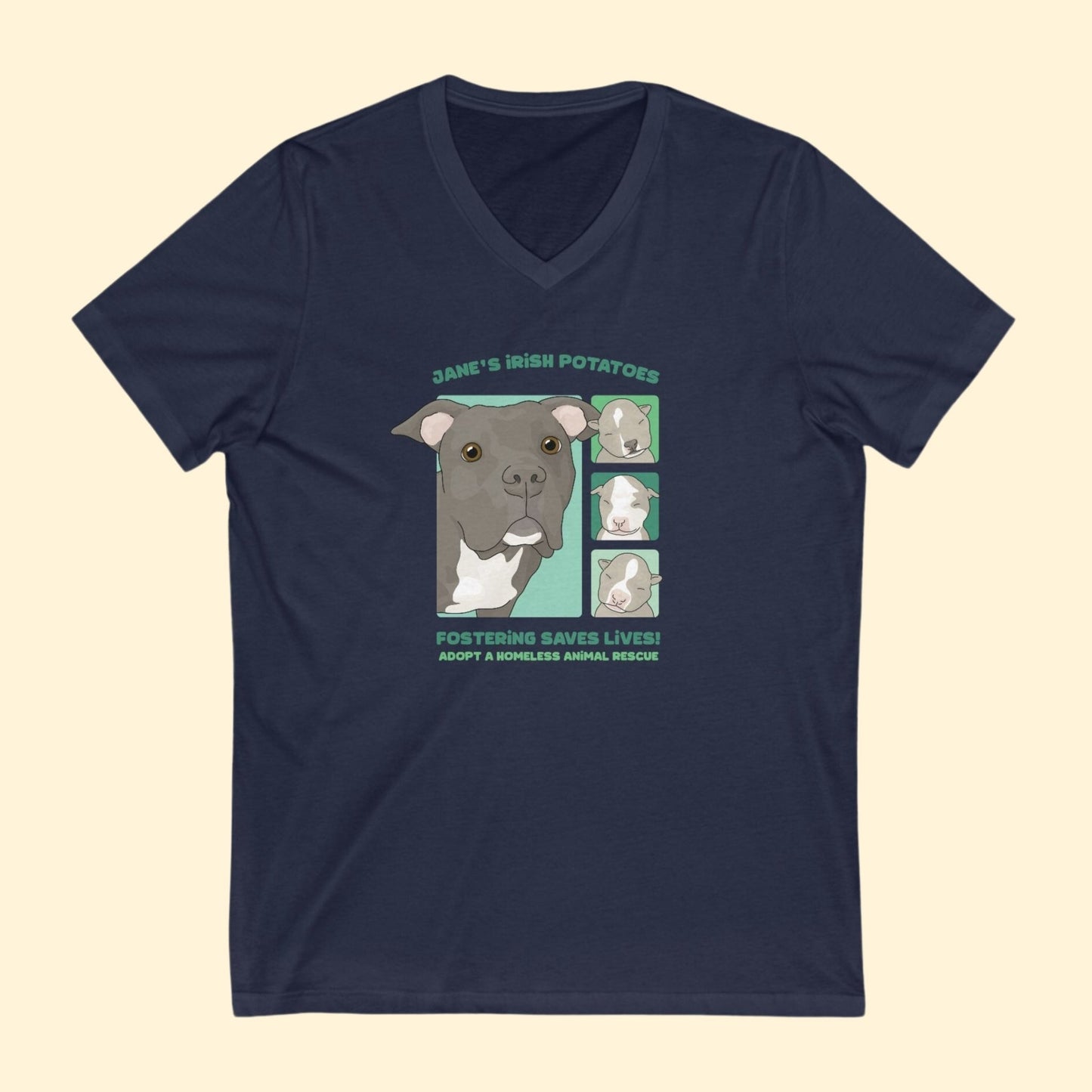 Jane's Irish Potatoes | FUNDRAISER for Adopt A Homeless Animal Rescue | Unisex V - Neck Tee - Detezi Designs - 23599223391651988244