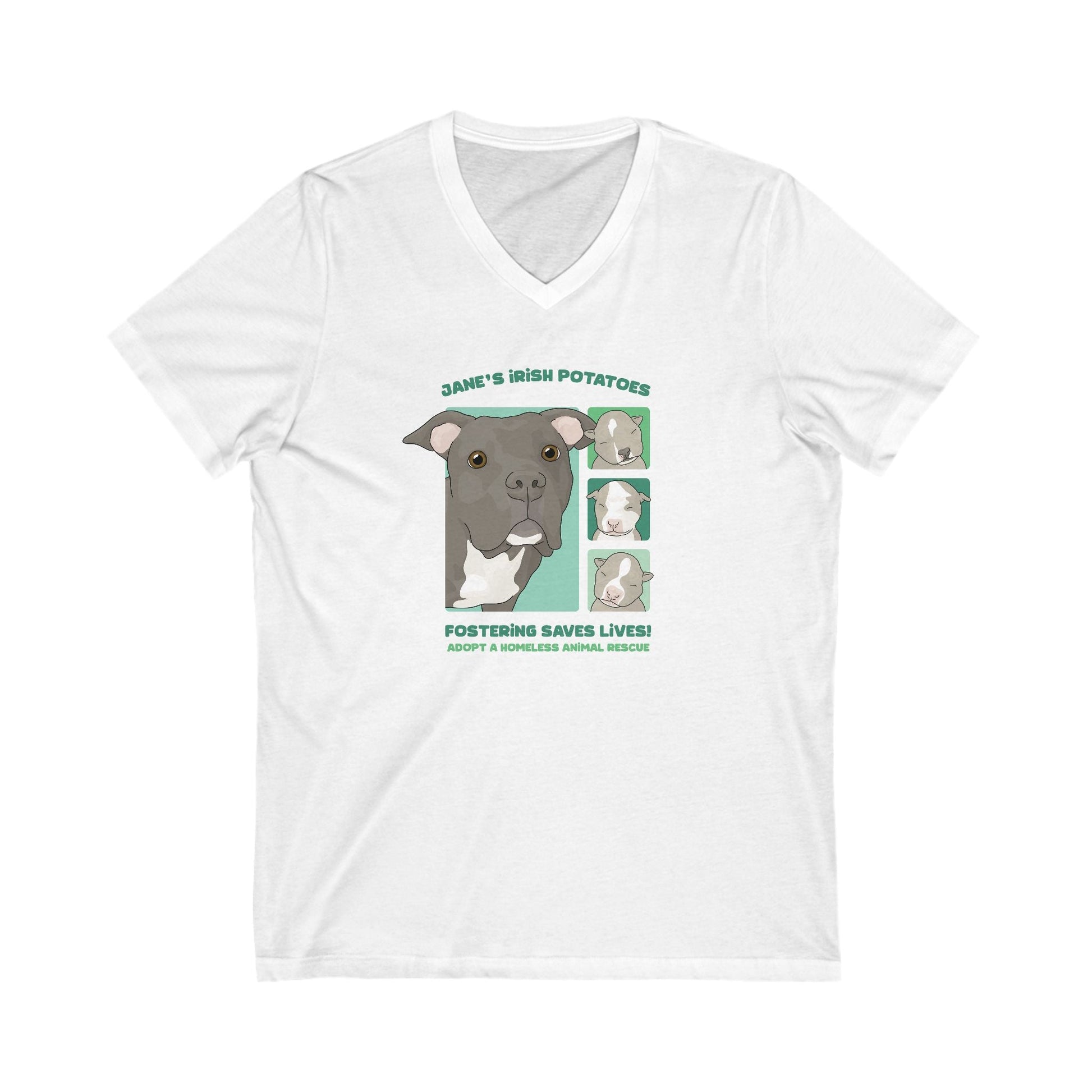 Jane's Irish Potatoes | FUNDRAISER for Adopt A Homeless Animal Rescue | Unisex V - Neck Tee - Detezi Designs - 31693142260253007901