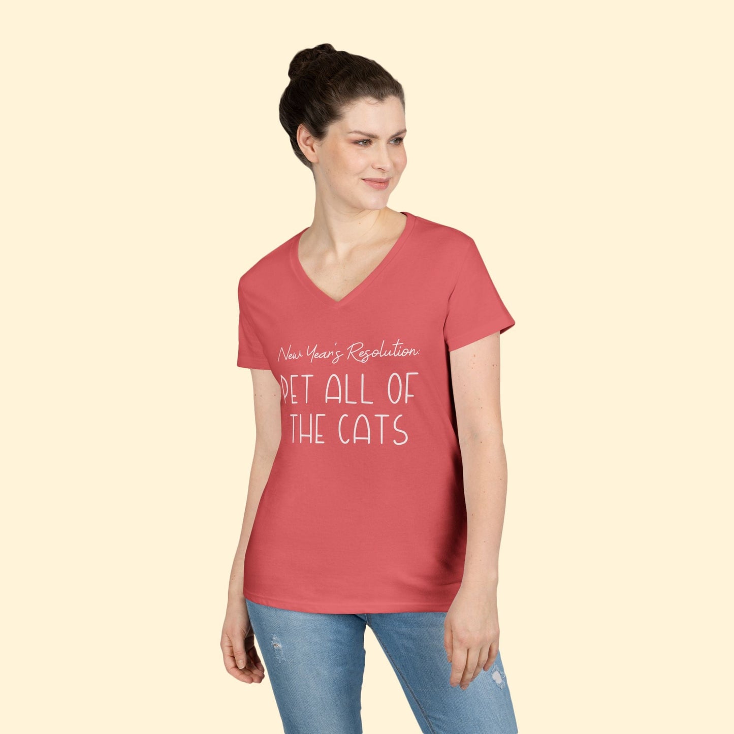 New Year's Resolution: Pet All Of The Cats | Ladies' V - Neck T-Shirt - Detezi Designs - 99509970237619068533