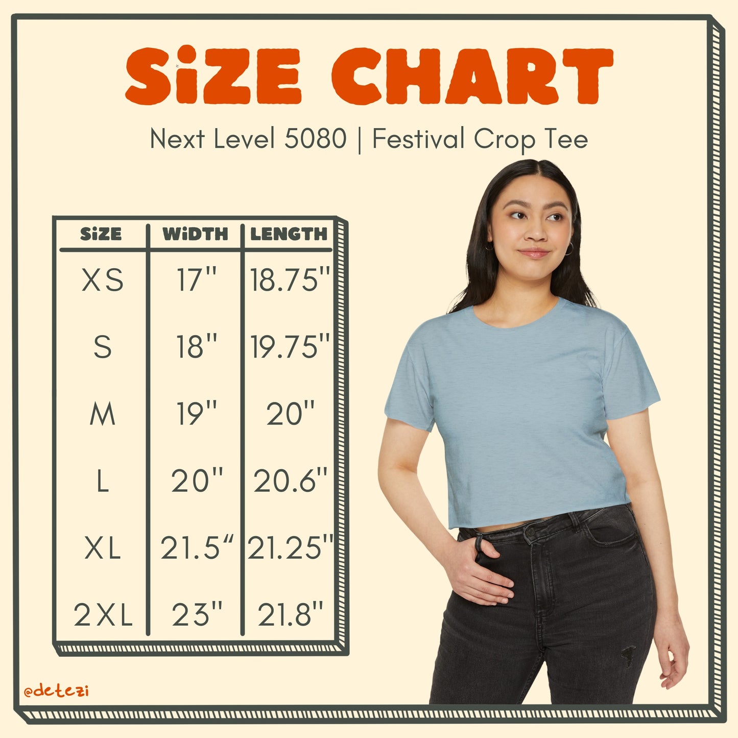 next level crop tee size chart. size, width, length: xs, 17", 18.75"; small, 18", 19.75"; medium, 19", 20"; large, 20", 20.6"; xl, 21.5", 21.25"; 2xl, 23", 21.8"