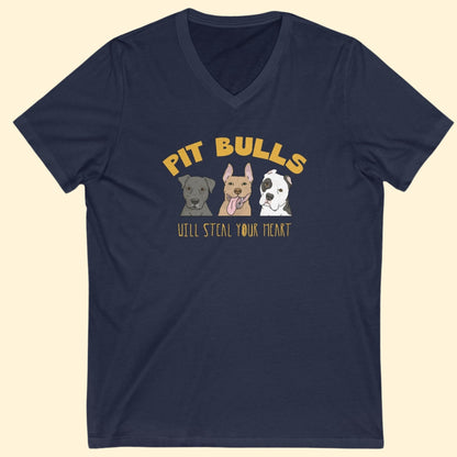 Pit Bulls Will Steal Your Heart | Unisex V - Neck Tee - Detezi Designs - 31527157802359414762