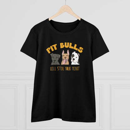 Pit Bulls Will Steal Your Heart | Women's Midweight Cotton Tee - Detezi Designs - 31999008748625013306