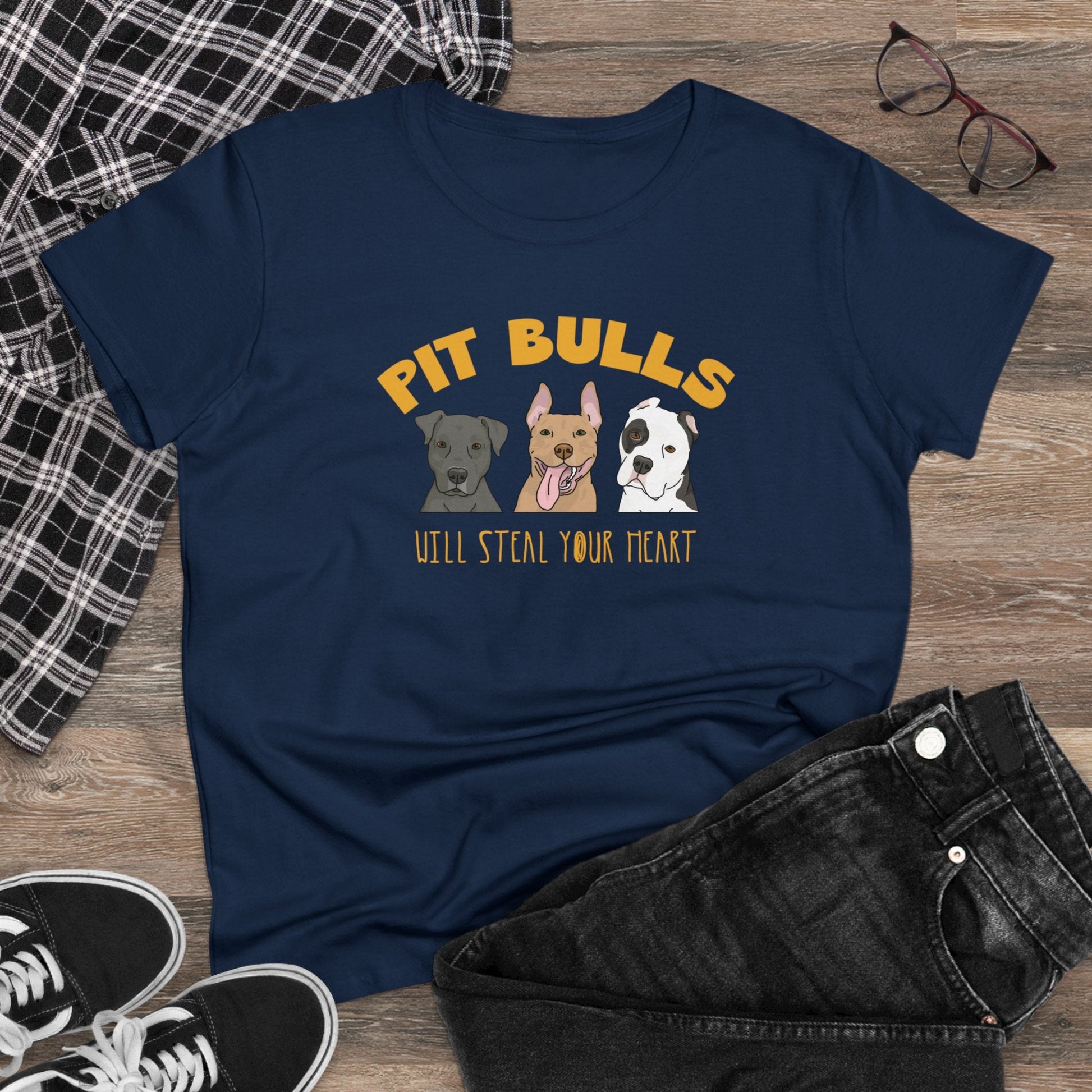 Pit Bulls Will Steal Your Heart | Women's Midweight Cotton Tee - Detezi Designs - 31999008748625013306