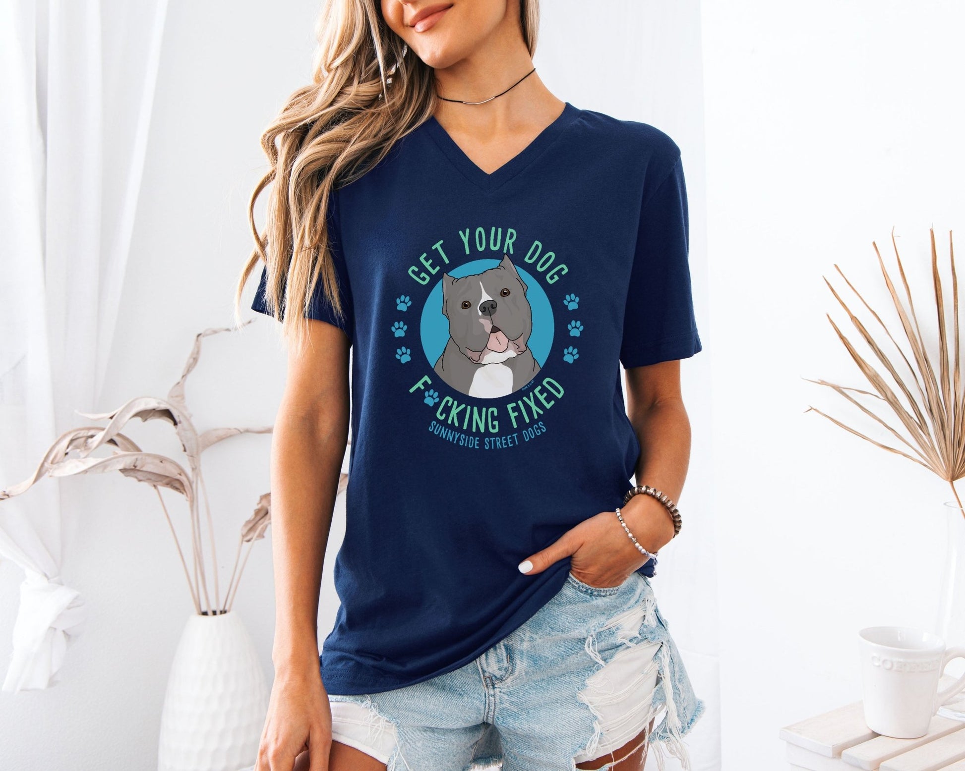 Unisex V - Neck Tee | FUNDRAISER | Sunnyside Street Dogs | Get Your Dog F*cking Fixed - Detezi Designs - 14218944984494214697
