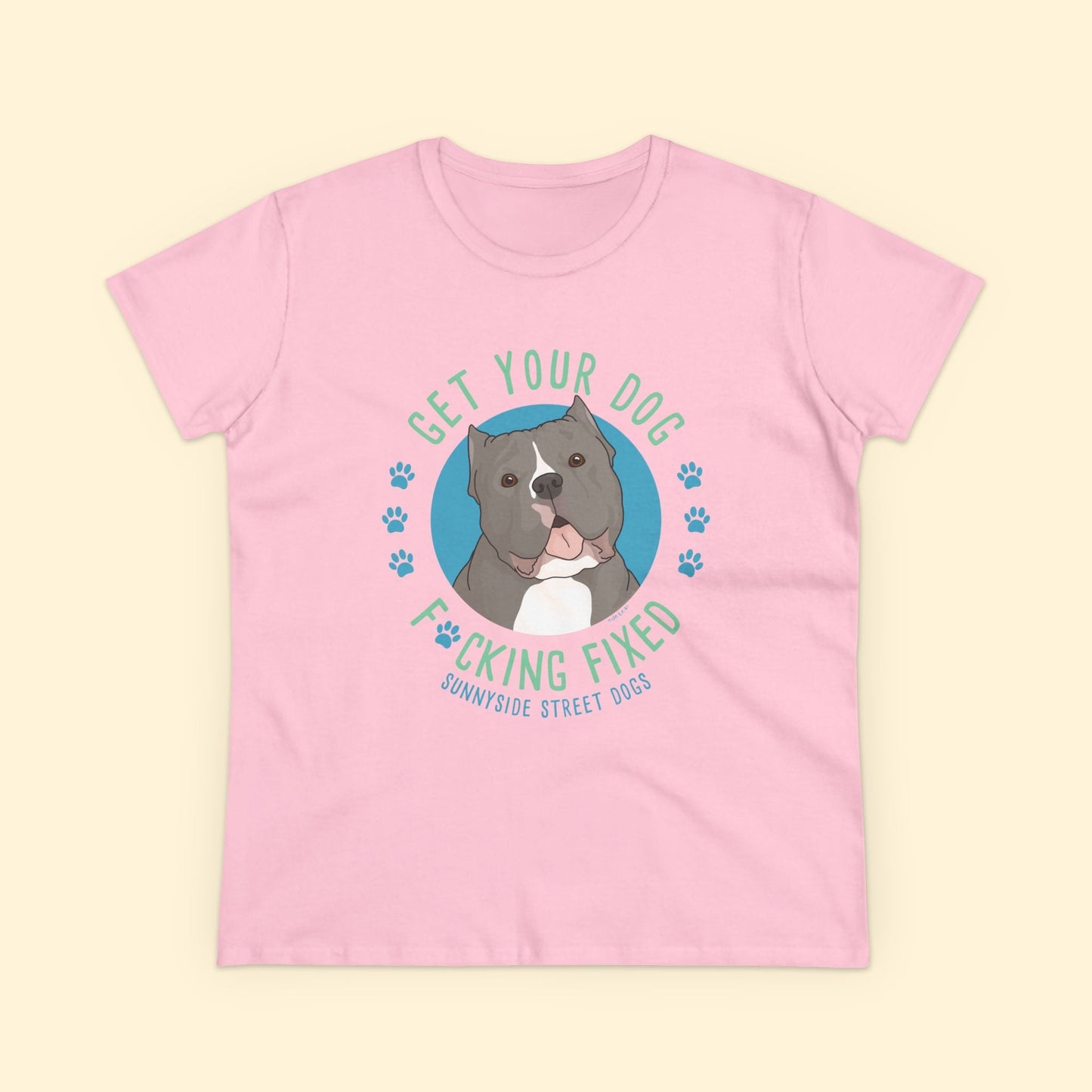 Women's Midweight Cotton Tee | FUNDRAISER | Sunnyside Street Dogs | Get Your Dog F*cking Fixed - Detezi Designs - 14990278840915207317