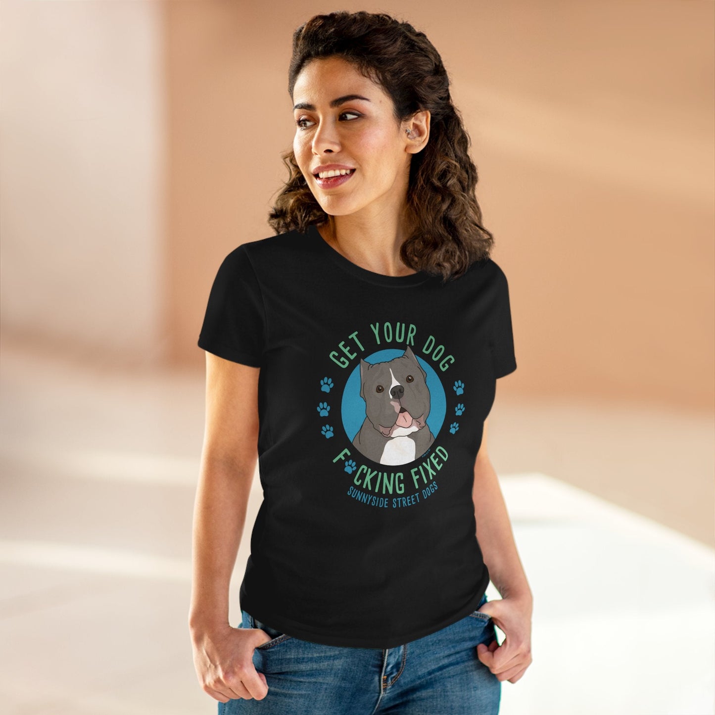 Women's Midweight Cotton Tee | FUNDRAISER | Sunnyside Street Dogs | Get Your Dog F*cking Fixed - Detezi Designs - 24013922796787050448