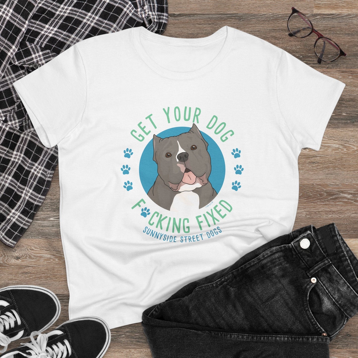 Women's Midweight Cotton Tee | FUNDRAISER | Sunnyside Street Dogs | Get Your Dog F*cking Fixed - Detezi Designs - 24013922796787050448