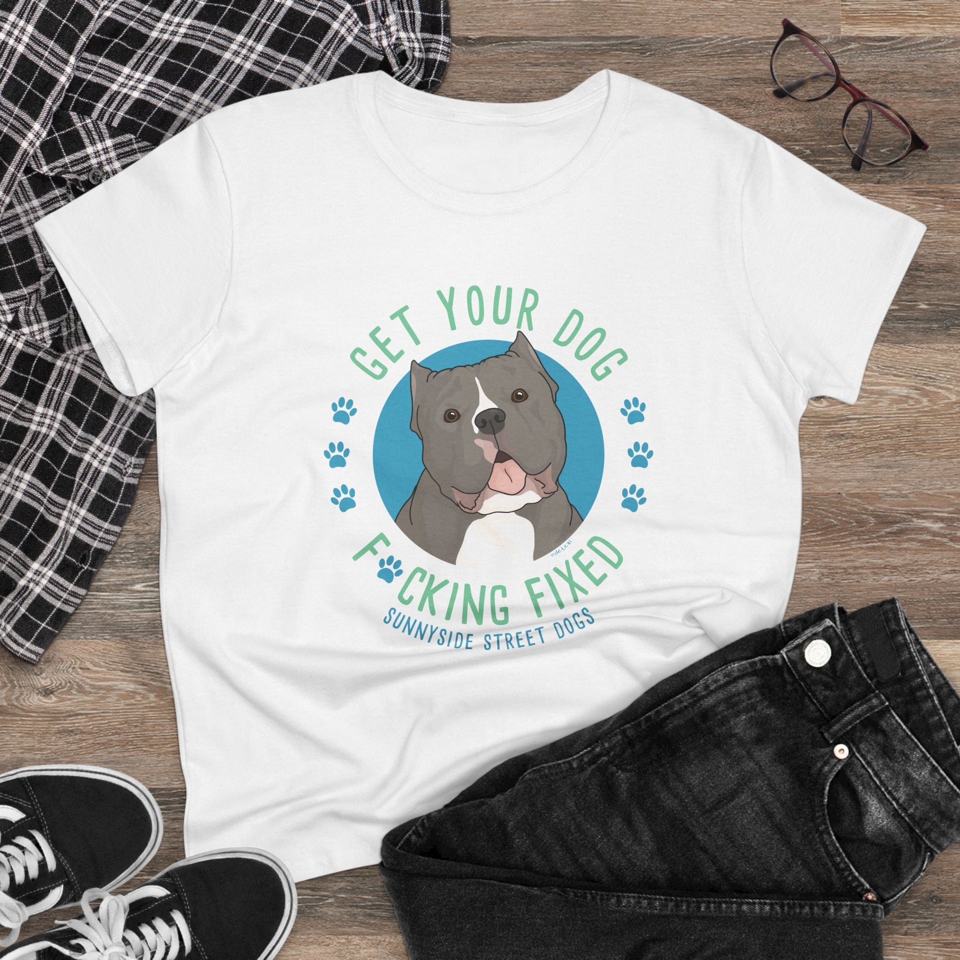 Women's Midweight Cotton Tee | FUNDRAISER | Sunnyside Street Dogs | Get Your Dog F*cking Fixed - Detezi Designs - 24013922796787050448