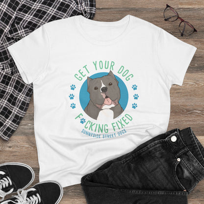 Women's Midweight Cotton Tee | FUNDRAISER | Sunnyside Street Dogs | Get Your Dog F*cking Fixed - Detezi Designs - 24013922796787050448