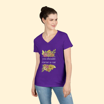 You Should Rescue A Cat | Ladies' V - Neck T-Shirt - Detezi Designs - 31145988918298337564