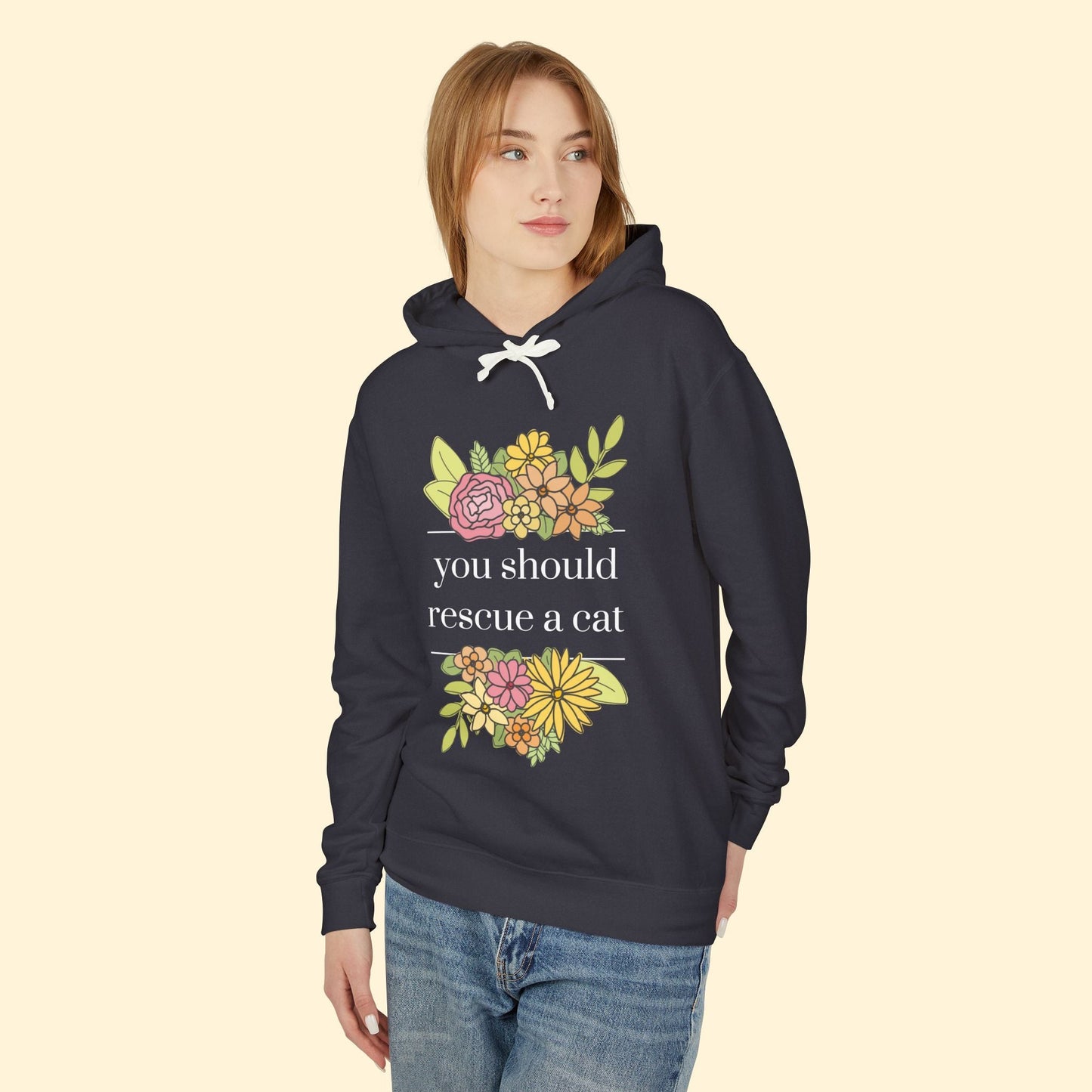 You Should Rescue A Cat | Lightweight Comfort Colors Hooded Sweatshirt - Detezi Designs - 17440140091242425335