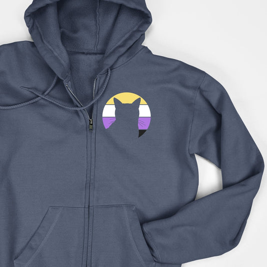 Nonbinary Pride | Cat Silhouette | Zip-up Sweatshirt - Detezi Designs-24966529452722046044