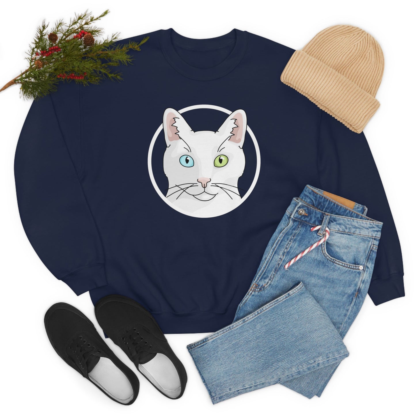 White DSH Cat Circle | Crewneck Sweatshirt - Detezi Designs-11291047541834513357